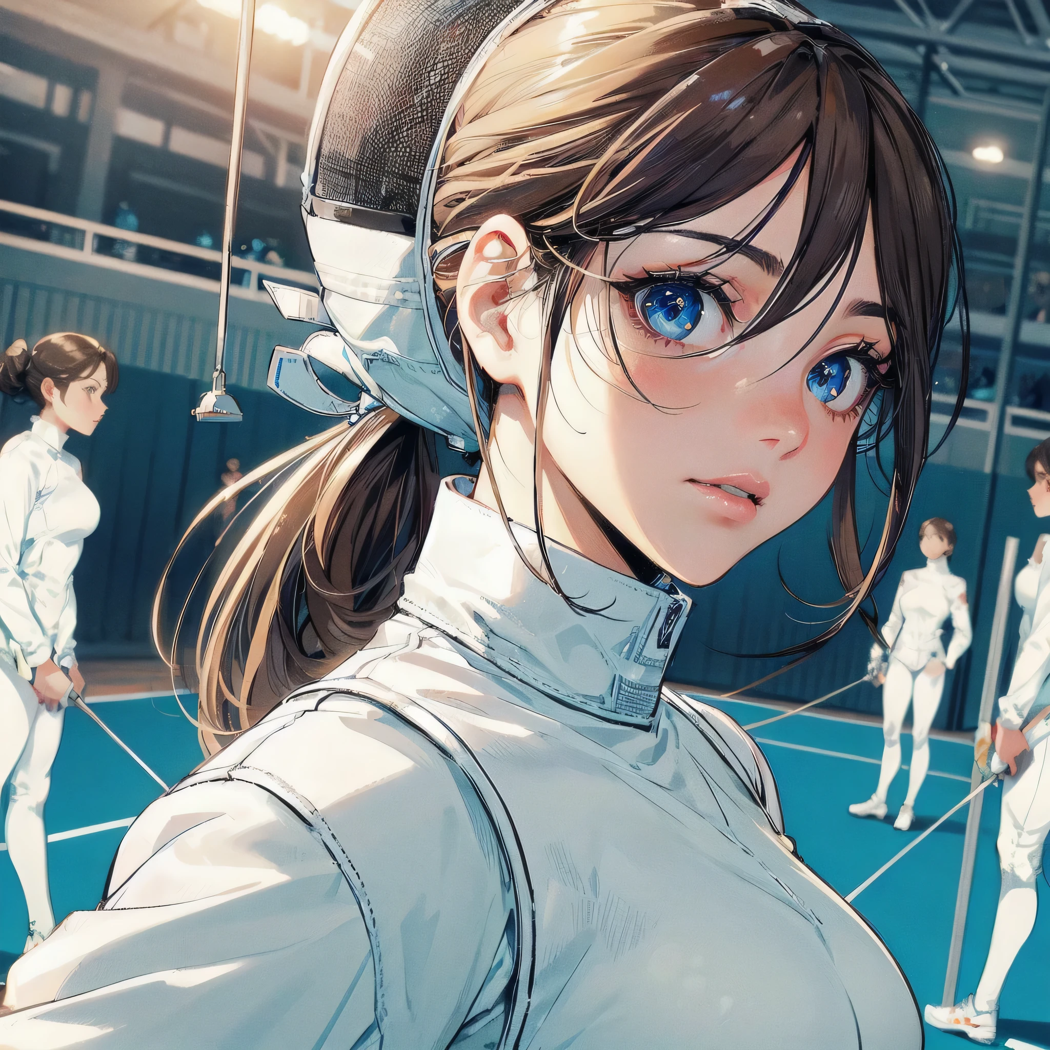 high quality,HD,16k,sharp lines,1 girl,Female fencing athlete ,cute face, large breasts, nice legs,At the fencing venue,focus girl,detailed beautiful face,detailed clothes,beautiful eyes,cool,dynamic angle