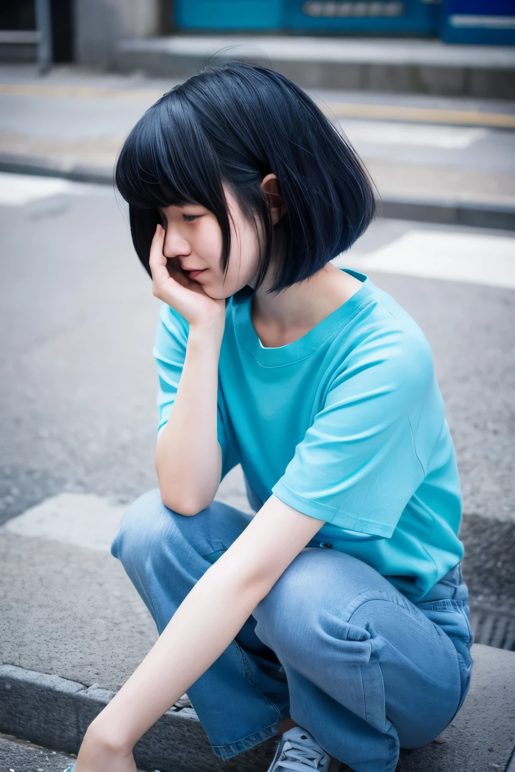 20-year-old girl with short blue hair and two-block style, looking down and crying