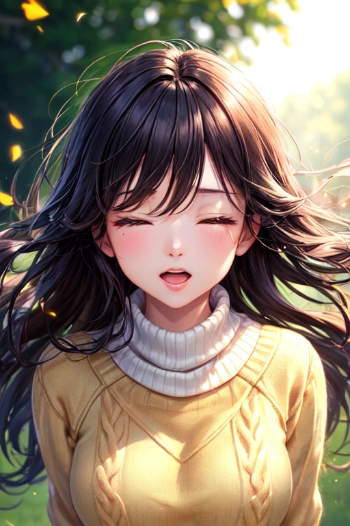 ((highest quality)), ((masterpiece)), (detailed), Perfect face girl, Wear a cozy sweater, Upper Body, (LOL:1.1), (Open your mouth:1.1), (Eyes Wide Open:1.2), Sun glare, Bokeh, Depth of written boundary, Blurred Background, Particles of light, Strong winds, (Heart Particles:1.1)