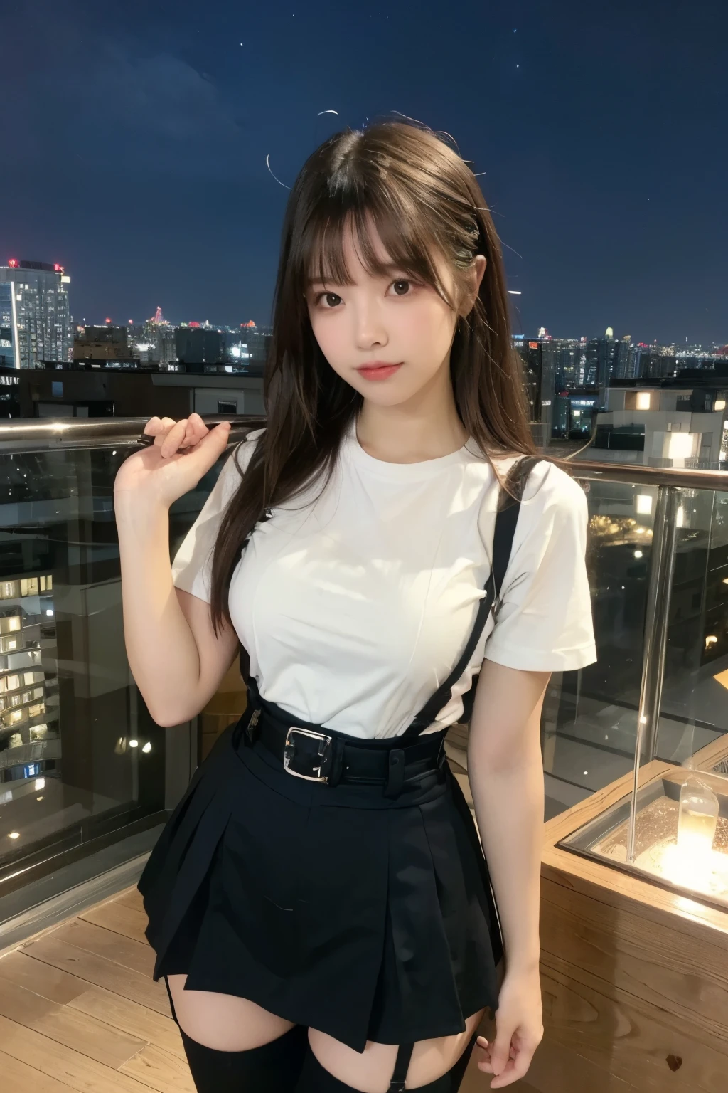 ((Midnight, highest quality, 8k, masterpiece :1.3)), whole body, Long legs, Sharp focus :1.2, Beautiful woman with perfect figure :1.4, Slim Abs :1.1, ((Dark brown hair, Big Breasts :1.2)), (White tight T-shirt, Jean Bib, Are standing:1.2), ((Night city view, rooftop:1.3)), Very detailedな顔と肌の質感, Fine grain, Double eyelids one girl,highest quality,masterpiece,figure,Very delicate and beautiful,CG,Unity,8k wallpaper,wonderful,In detail,masterpiece,Official Art,Very detailed CG Unity 8k wallpaper,Incredibly absurd,Large file size,Very detailedな,High resolution,Very detailed,Beautiful detailed girl,Realistic,from the front,Outdoor,　suspenders　　　Large swollen breasts　　 　 　　　　Black mini skirt　garter belt　Knee-high socks　　　　　　　bangs 　　　　　Beauty　　Hands up　　 　　Black boots 　　　　one person 　　　Dress shirt　　　Hands Behind Back　put your hands behind your back　　With your hands behind your back　Armament　holster　　A room at the Belt Hotel　Bed　Wall side　