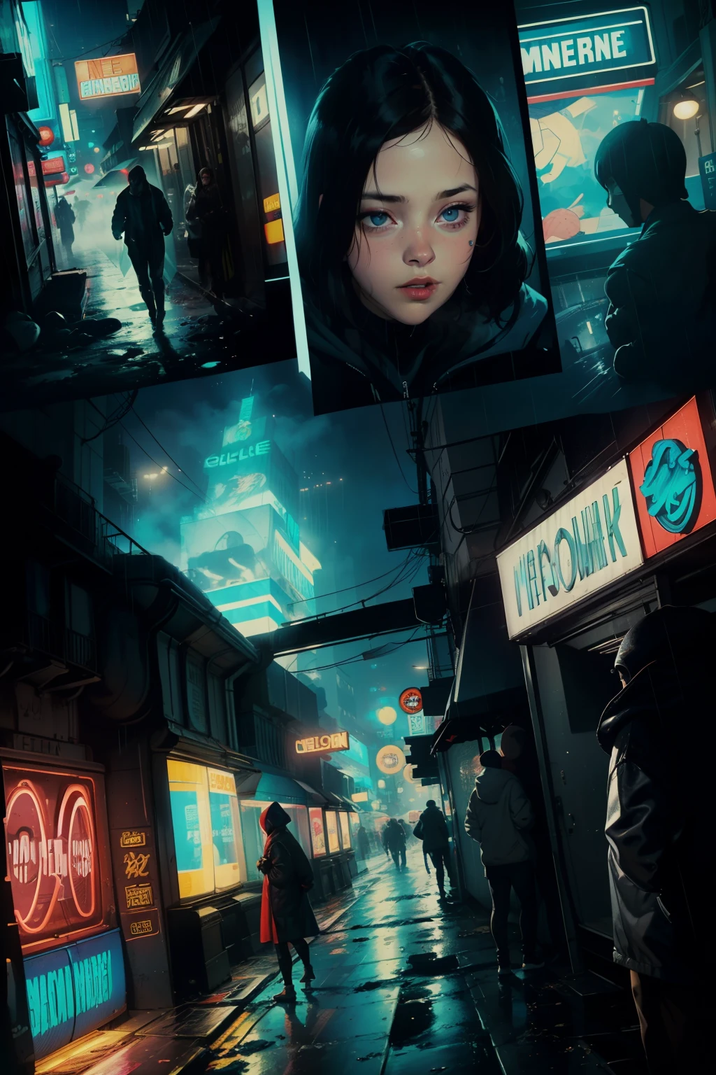 ((highest quality)), ((masterpiece)), (be familiar with), (High definition), (Accurate), (Realistic), (Cinematic), (Best Shadow), (Low contrast), (8K), Perfect Face, ((SYD MEAD style)), manga、mangaデザイン、Storyboard、Frame division、(Crouching), ((A woman crouching and hiding in the shadows))、(Replicant), (Replicant), ((Black Hair, very short hair, Blue Eyes)), (Police black hooded raincoat), (Glittering neon signs)、congestion, congestion, Decadent Future City, NEO TOKYO, A.D.2051, (steam:1.2), It's raining white, evening, 
