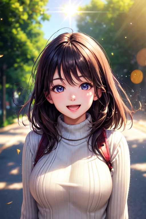 ((highest quality)), ((masterpiece)), (detailed), Perfect face girl, Wear a cozy sweater, Upper Body, (LOL:1.1), (Open your mouth:1.1)、smiling、Large Breasts、(Eyes Wide Open:1.2), Sun glare, Bokeh, Depth of written boundary, Blurred Background, Particles of light, Strong winds, (Heart Particles:1.1)