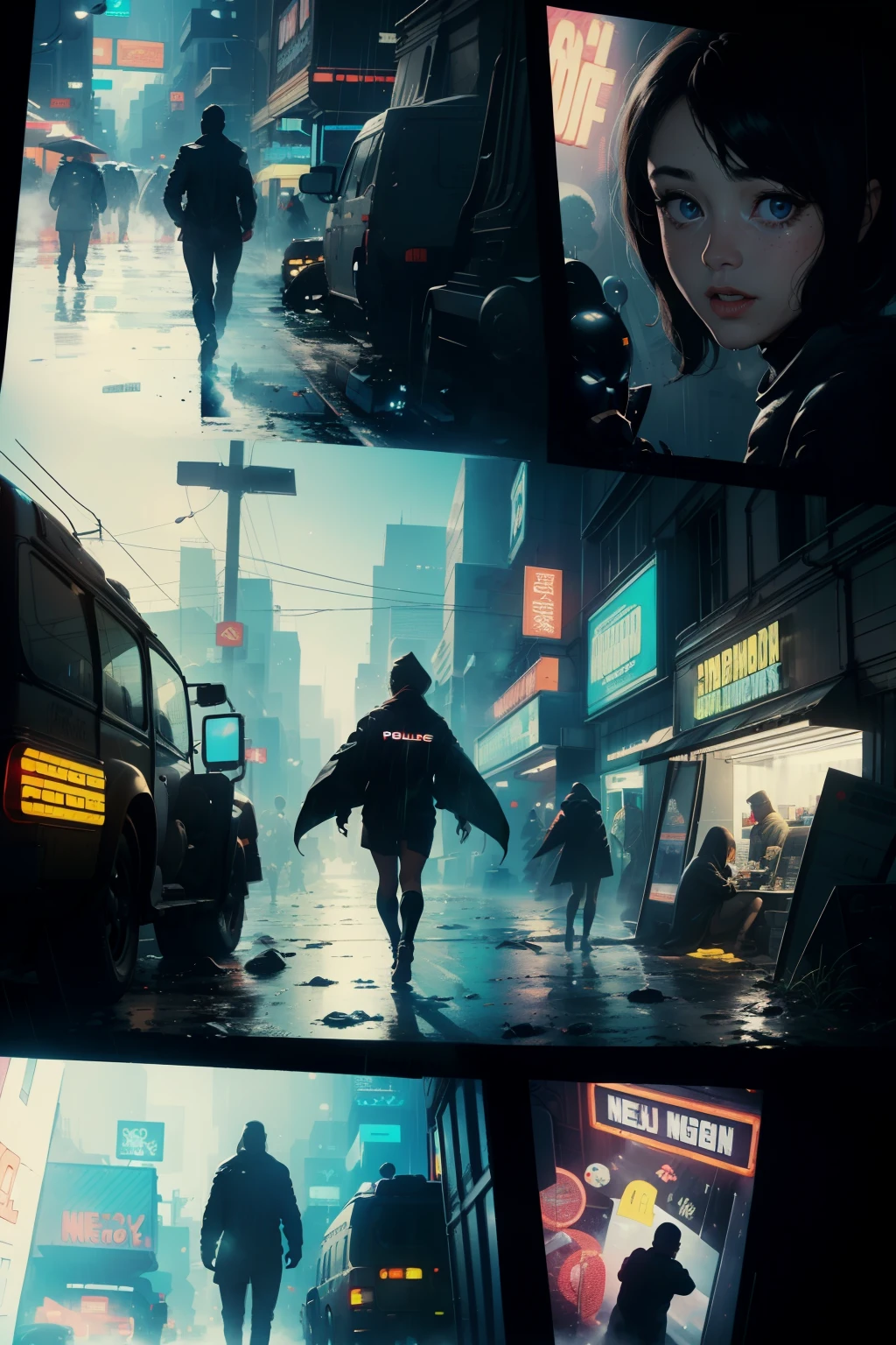 ((highest quality)), ((masterpiece)), (be familiar with), (High definition), (Accurate), (Realistic), (Cinematic), (Best Shadow), (Low contrast), (8K), Perfect Face, ((SYD MEAD style)), manga、mangaデザイン、Storyboard、Frame division、(Crouching), ((A woman crouching and hiding in the shadows))、(Replicant), (Replicant), ((Black Hair, very short hair, Blue Eyes)), (Police black hooded raincoat), (Glittering neon signs)、congestion, congestion, Decadent Future City, NEO TOKYO, A.D.2051, (steam:1.2), It's raining white, evening,