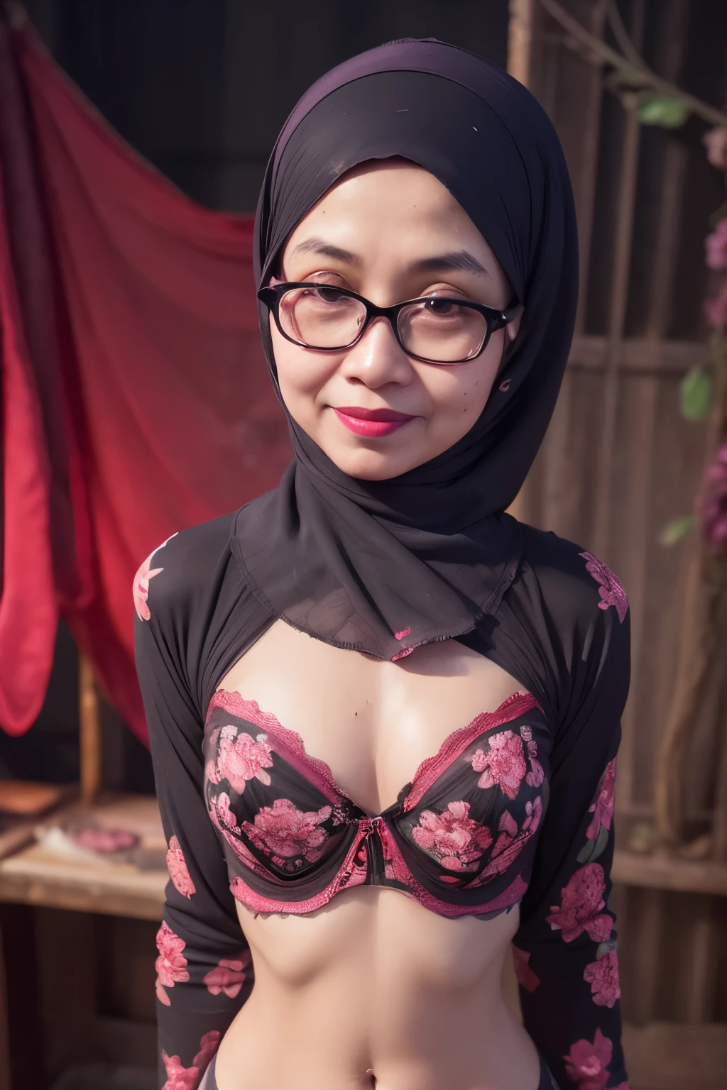 Spectacles, ((Old body lady:1.2)), ((Old lady:1.4)), ((FLAT CHEST:1.6)), (Happy smile), (((HIJAB MALAY GIRL))), masutepiece, High quality, UHD 32K, Realistic face, Realistic skin feeling , A Japanese Lady, 58 years old matured lady, , Very cute and baby-like face, (((FLAT CHEST))), (Night time at forest), ((look In front  at the camera and SADNESS)), (((CUTE GIRL))), ((RED FLUORESCENT LIPS)), ((Floral Pattern)) little ((wearing strapless bra)), strapless colorful bra, dark night background , black forest night, horror scary place, (from behind up) seductive pose