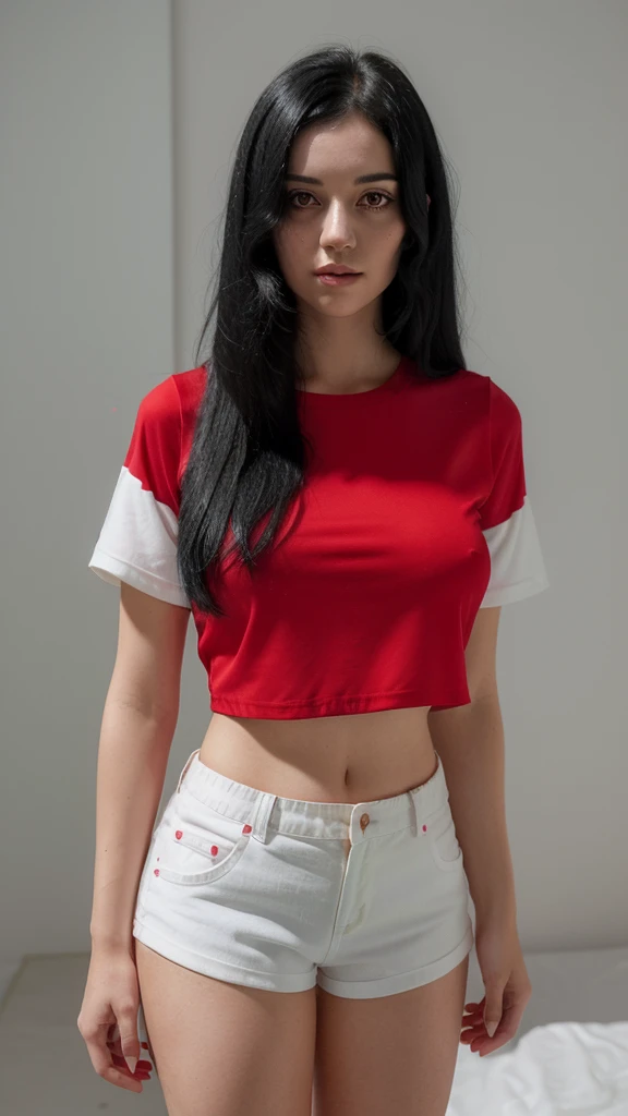 Make a woman with straight black hair wearing a red outfit and white shorts