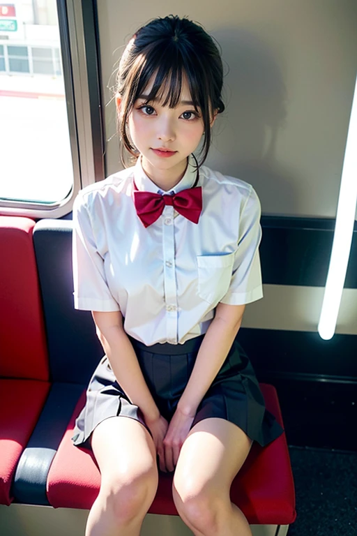 Wearing a short skirt、Asian woman in her fifties wearing a bow tie sitting on a train, Cute school girl, Japanese schoolgirl, wearing japanese school uniform, japanese , a hyperActual , dress up as , hyperActual , wear , Actual , Girl wearing, wear , Strike a Pose, whole body, Beautiful skin, Glowing Skin, Beautiful thighs,Shining thighs, Luminous legs, (())