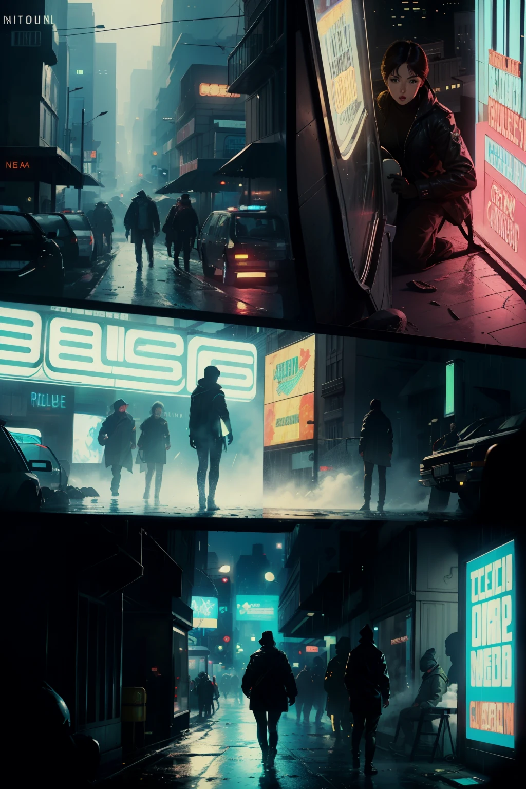 ((highest quality)), ((masterpiece)), (be familiar with), (High definition), (Accurate), (Realistic), (Cinematic), (Best Shadow), (Low contrast), (8K), Perfect Face, ((SYD MEAD style)), manga、mangaデザイン、Storyboard、Frame division、(Crouching), ((A woman crouching and hiding in the shadows))、(Replicant), (Replicant), ((Black Hair, very short hair, Blue Eyes)), (Police black hooded raincoat), (Glittering neon signs)、congestion, congestion, Decadent Future City, NEO TOKYO, A.D.2051, (steam:1.2), It's raining white, evening,