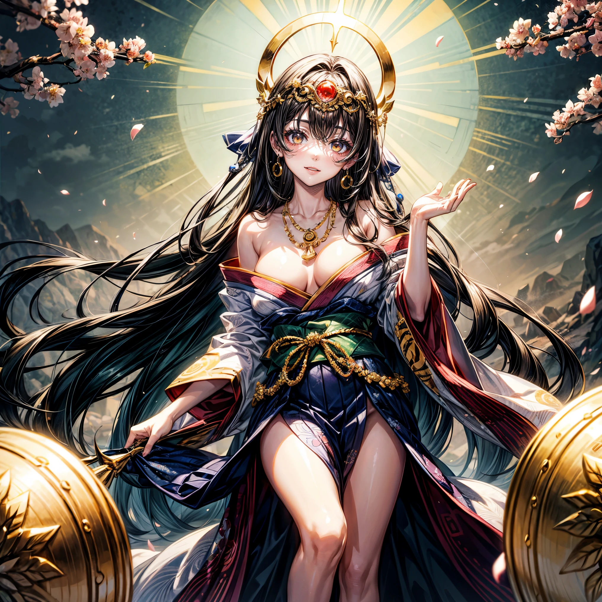masterpiece,highest quality,Ultra high definition, Amaterasu, Japanese mythology, sun goddess, noble woman, Amaterasu, shining attire, sacred atmosphere, Ama-no-Iwato, beautiful nature, divine light, white and red kimono, long, black straight hair, (light amber eyes), light complexion, golden crown, delicate cherry blossom shaped earrings, necklace with shining sun motif, Gold ornament shining on the forehead, two-parted bangs, whole body,smile,smiling
