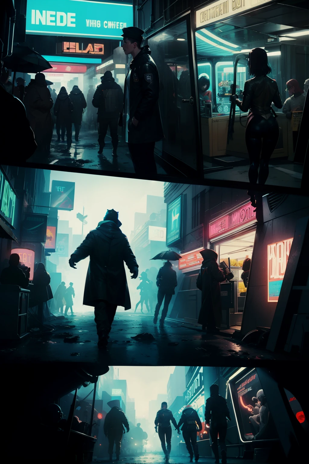 ((highest quality)), ((masterpiece)), (be familiar with), (High definition), (Accurate), (Realistic), (Cinematic), (Best Shadow), (Low contrast), (8K), Perfect Face, ((SYD MEAD style)), manga、mangaデザイン、Storyboard、Frame division、(Crouching), ((A woman crouching and hiding in the shadows))、(Replicant), (Replicant), ((Black Hair, very short hair, Blue Eyes)), (Police black hooded raincoat), (Glittering neon signs)、congestion, congestion, Decadent Future City, NEO TOKYO, A.D.2051, (steam:1.2), It's raining white, evening,