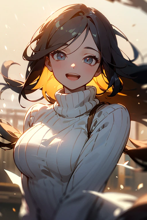 ((highest quality)), ((masterpiece)), (detailed), Perfect face girl, Wear a cozy sweater, Upper Body, (LOL:1.1), (Open your mouth:1.1)、smiling、Large Breasts、Long Hair、(Eyes Wide Open:1.2), Sun glare, Bokeh, Depth of written boundary, Blurred Background, Particles of light, Strong winds, (Heart Particles:1.1)