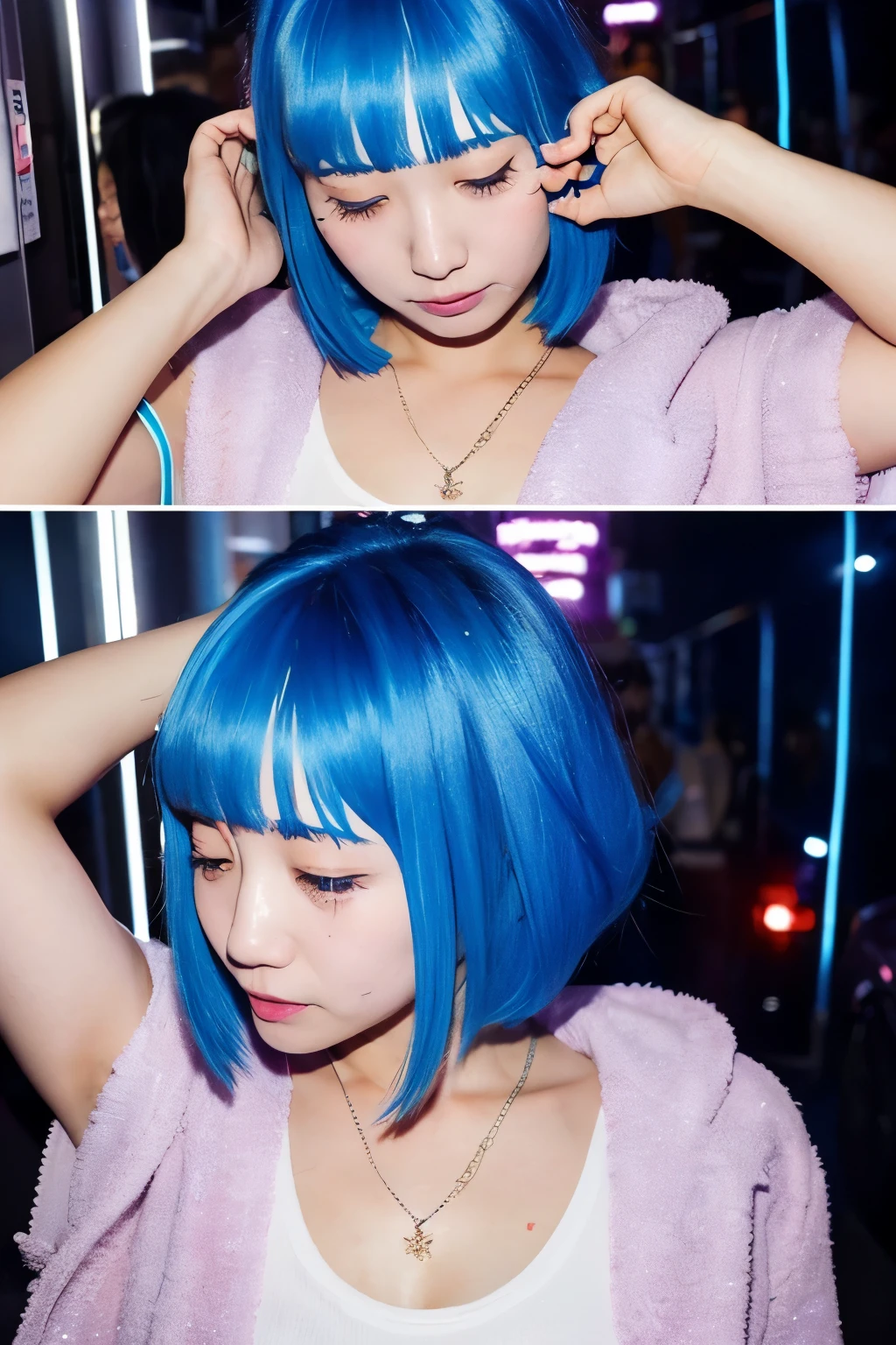 Blue hair, two-block, short hair, 20-year-old girl, party girl style, crying