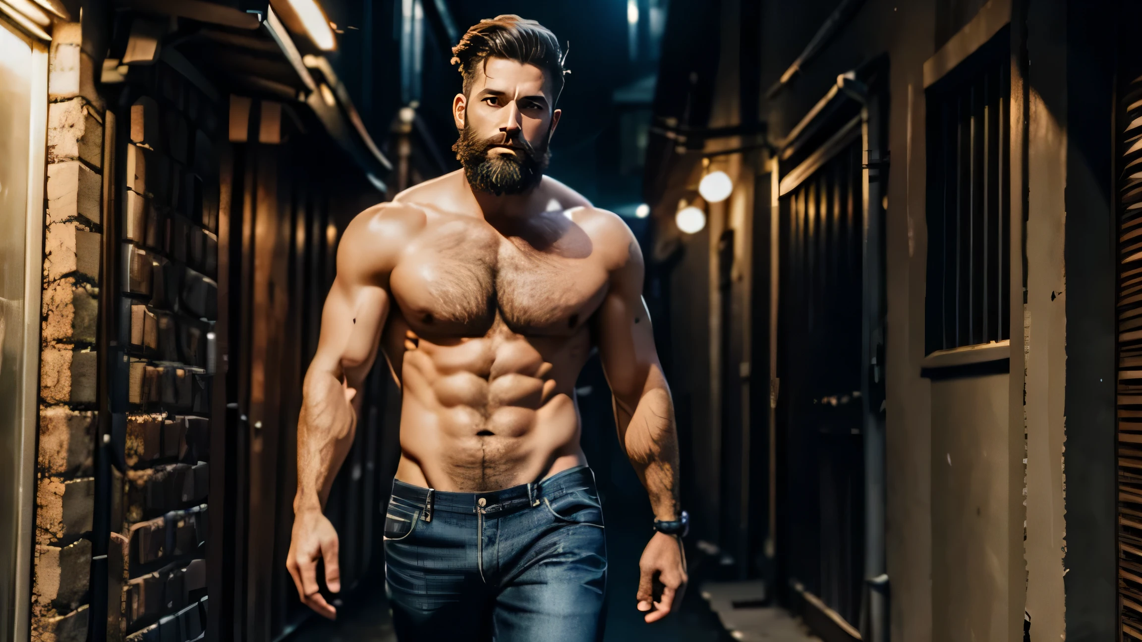 MAN 40 YEARS OLD WITH BEARD AND SHIRTLESS WEARING JEANS IN A DARK ALLEY