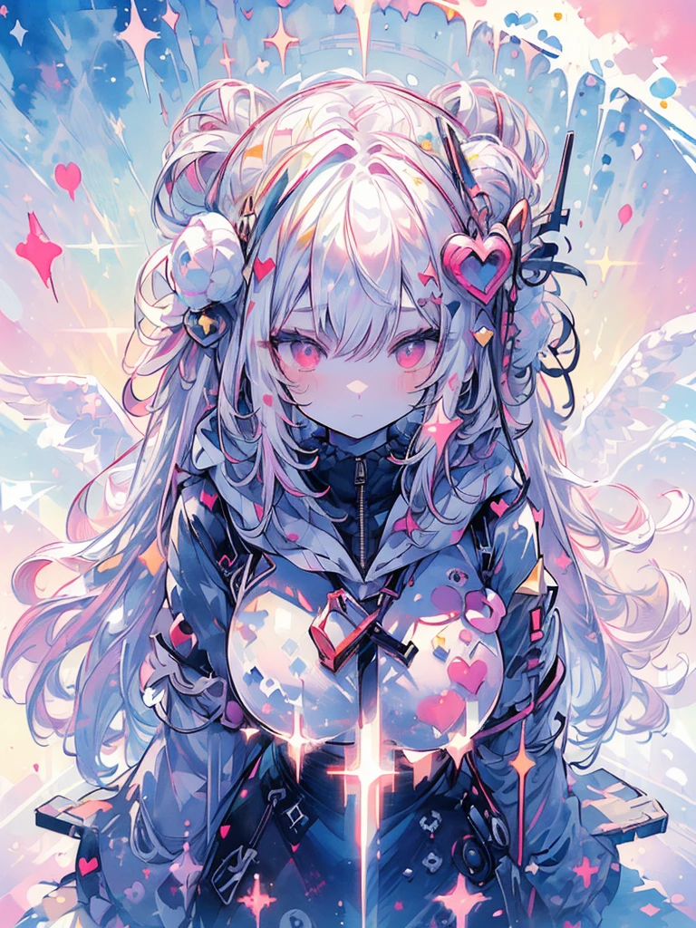 ((((masterpiece, best quality, ultra detail, very_high_resolution, large_filesize, full color)))), 1girl, white long hair, pink eyes, Wearing a fluffy white hooded outfit, heart-shaped pupils, (((from above))), (((Angle from above))), lens flare, Bokeh, sparkle, ((watercolor))