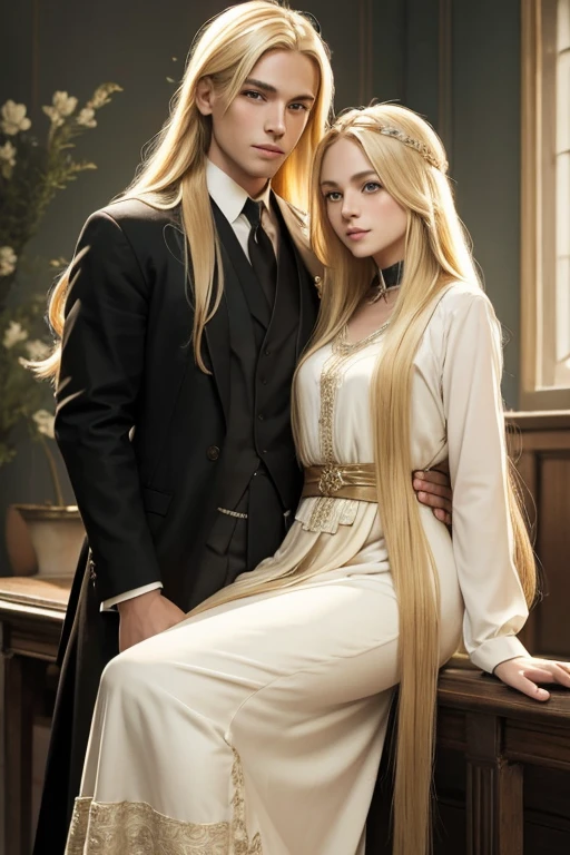 Blonde man with waist-length hair and blonde woman with long hair who are a couple from 1920