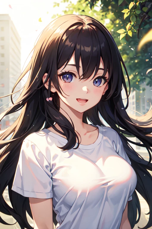 ((highest quality)), ((masterpiece)), (detailed), Perfect face girl, T-Shirts, Upper Body, (LOL:1.1), (Open your mouth:1.1)、smiling、Large Breasts、Long Hair、(Eyes Wide Open:1.2), Sun glare, Bokeh, Depth of written boundary, Blurred Background, Particles of light, Strong winds, (Heart Particles:1.1)