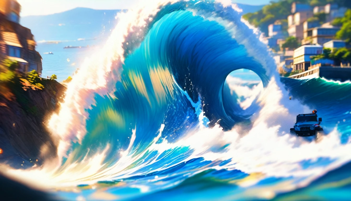 a photo of the very beautiful blue coast, blue coast with beautiful ocean spray,golden hour,#quality(8k,wallpaper of extremely detailed CG unit, ​masterpiece,hight resolution,top-quality,top-quality real texture skin,hyper realisitic,increase the resolution,RAW photos,best qualtiy,highly detailed,the wallpaper), BREAK,the jeep is passing with very high speed at the seashore of blue coat,#jeep(4wd,offroad style),#blue coast(very clean ocean,big wave,very beautiful ocean,beautiful city,),dynamic angle,motion blur