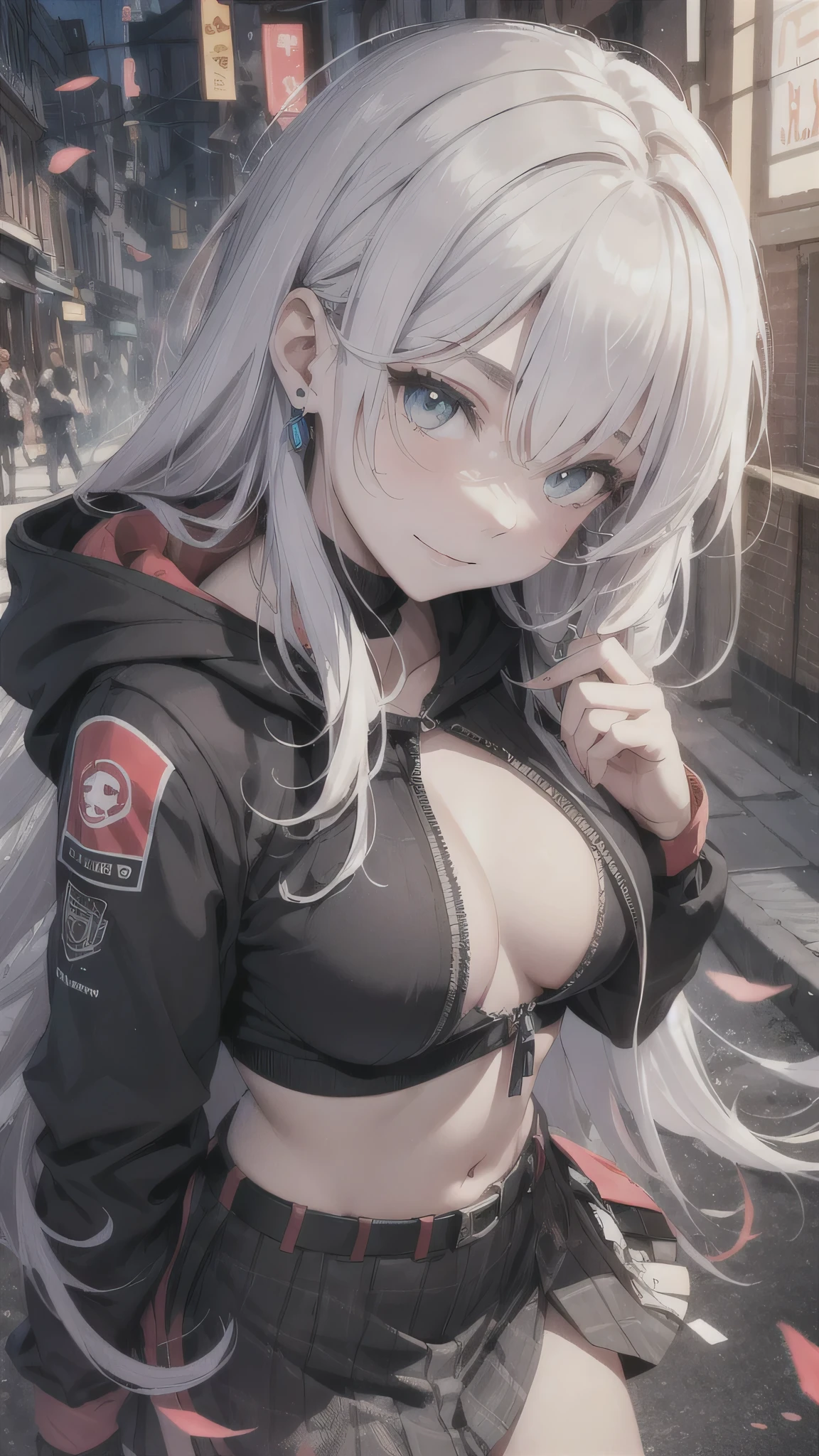 最high quality、Best image quality、masterpiece、girl((18-year-old、 By becoming、Best Bust、Medium Bust,Wide open breast tea、Red glowing eyes,Silver Hair、Disheveled Hair、Long Hair、thin,The highest valley、Open chest、White wristband、smile、hair ornamentany accessories、Black hoodie(1:2)、Blue short skirt、Angle from directly above、Disheveled clothing、Show the whole body,)),high quality、Beautiful art、background((town))、Flight、Flying debris、Written boundary depth、movie、Visual Arts、Perfect art、8K,Genuine、