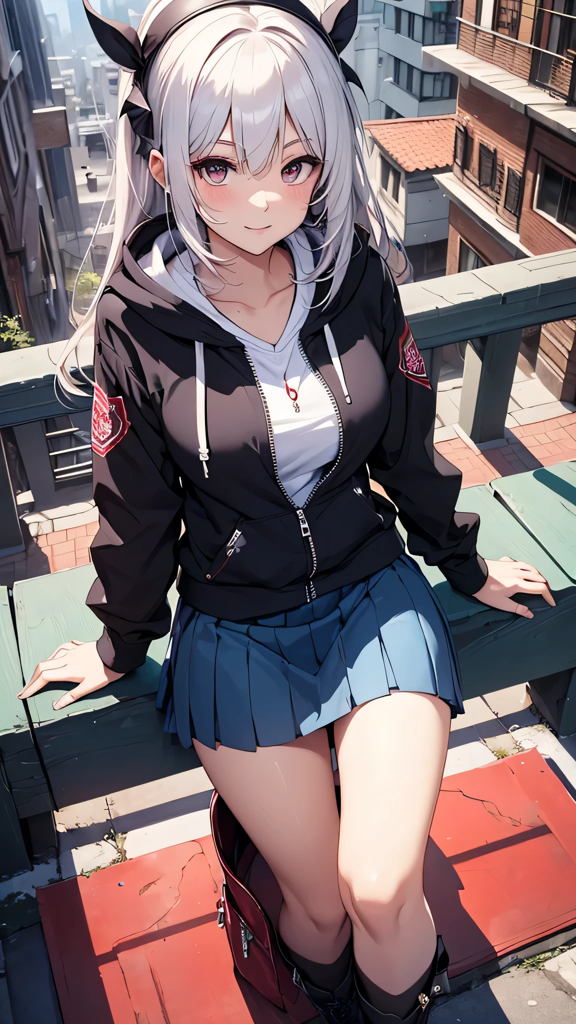 最high quality、Best image quality、masterpiece、girl((18-year-old、 By becoming、Best Bust、Medium Bust,Wide open breast tea、Red glowing eyes,Silver Hair、Disheveled Hair、Long Hair、thin,The highest valley、Open chest、White wristband、smile、hair ornamentany accessories、Black hoodie(1:2)、Blue short skirt、Angle from directly above、Disheveled clothing、Show the whole body,)),high quality、Beautiful art、background((town))、Flight、Flying debris、Written boundary depth、movie、Visual Arts、Perfect art、8K,Genuine、