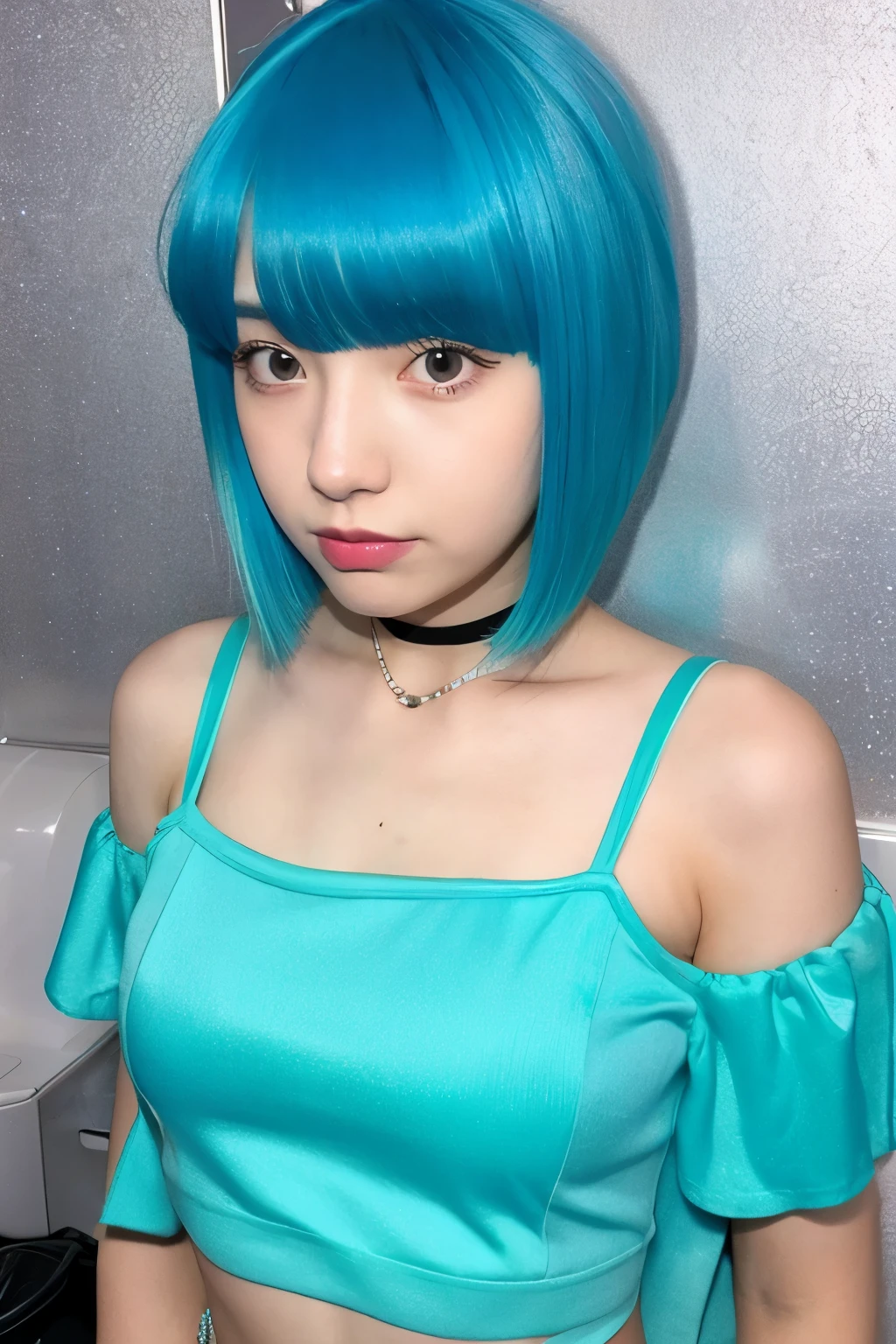 Blue hair, two-block, short hair, 20-year-old girl, party girl style
