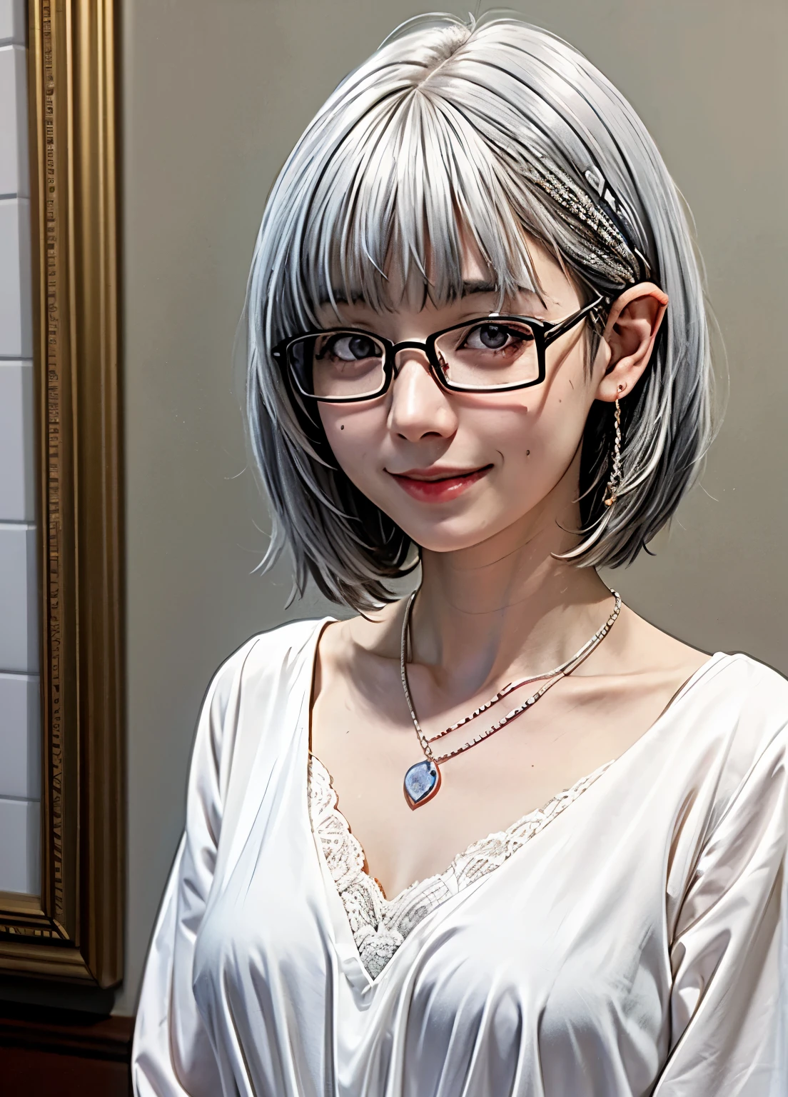 One girl, Alternative_Costumes, Glassesをかけた, Closed_mouth, clavicle, Glasses, jewelry, necklace, meanwhile, semi-rimless_Glasses, short_hair, Silver_hair, smile, alone, Under Rim_Glasses, upper_body,  