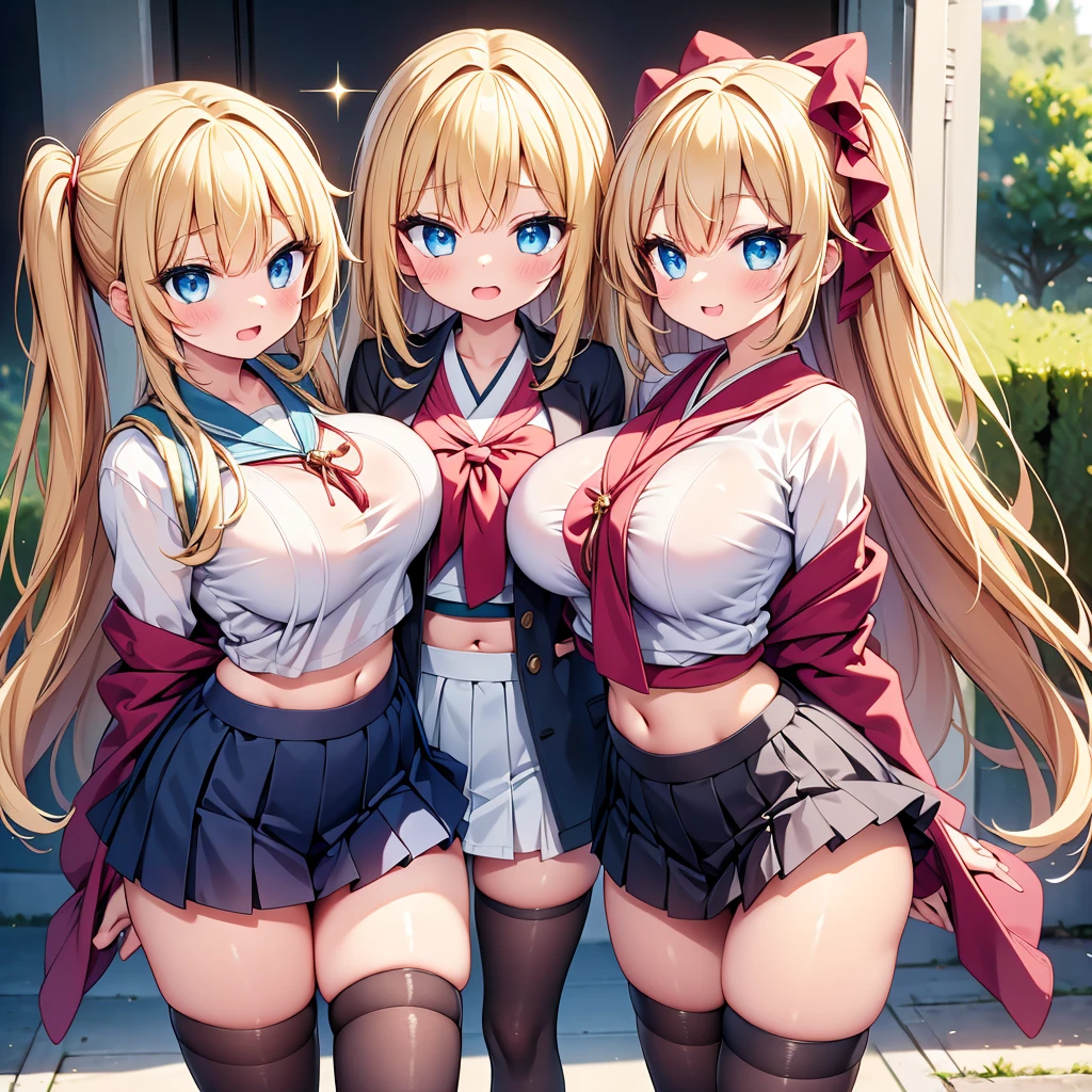 (cute eyes:1.2), (sparkling eyes:1.2), highest quality,wonderful,finely,extremely detailed CG Unity 8K wallpaper, (Stand in line:1.2), (3 girls, cute eyes, japanese miko, clothed), (huge breasts), (midriff peek:1.2), (open mouth:1.1), (long tongue:1.1), (mouth drool:1.1), (black stockings:1.1),(Thighs:1.1),(Waistline:1.1)