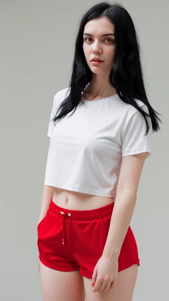 Make a woman with straight black hair wearing a red outfit and white shorts