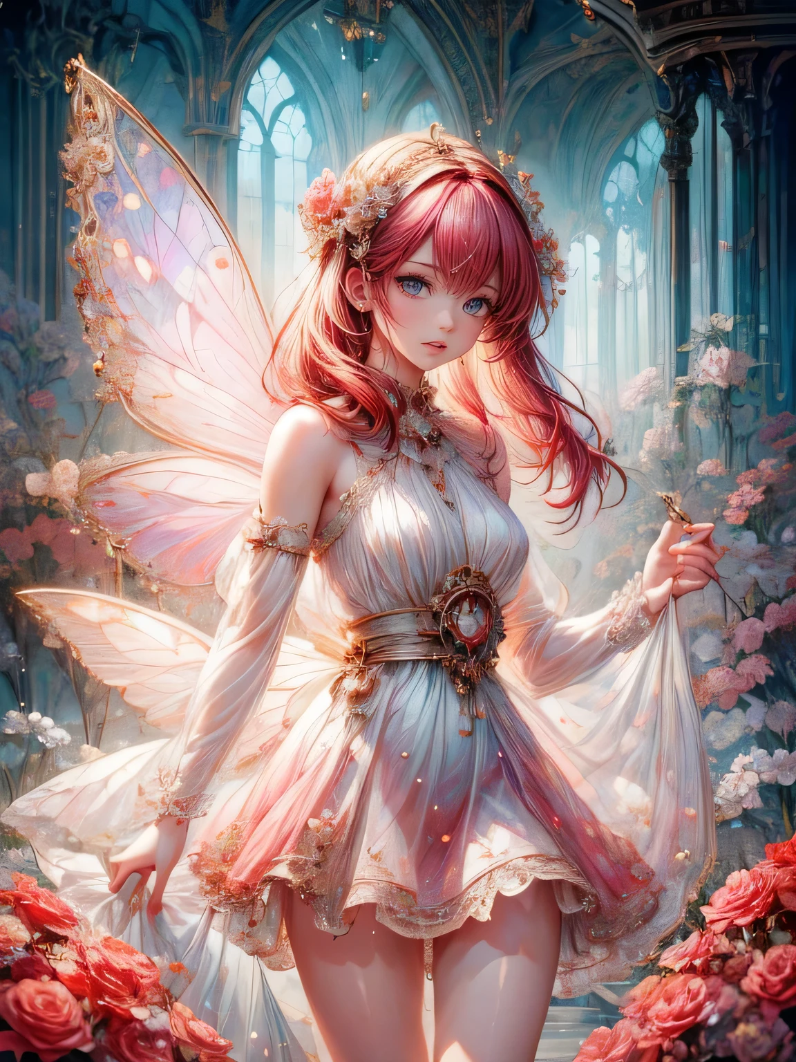 masterpiece: 1.2, highres,32k, photorealistic: 1.37, ultra-detailed: 1.2,cute girl(flower fairy), crimson transparent dress (flowing), beautiful delicate(hair,face,eyes,lips,thigh,clothes),delicate pupils,sparkling eyes,brilliant rosy lips,classic garden, colorful flowers, shower of light