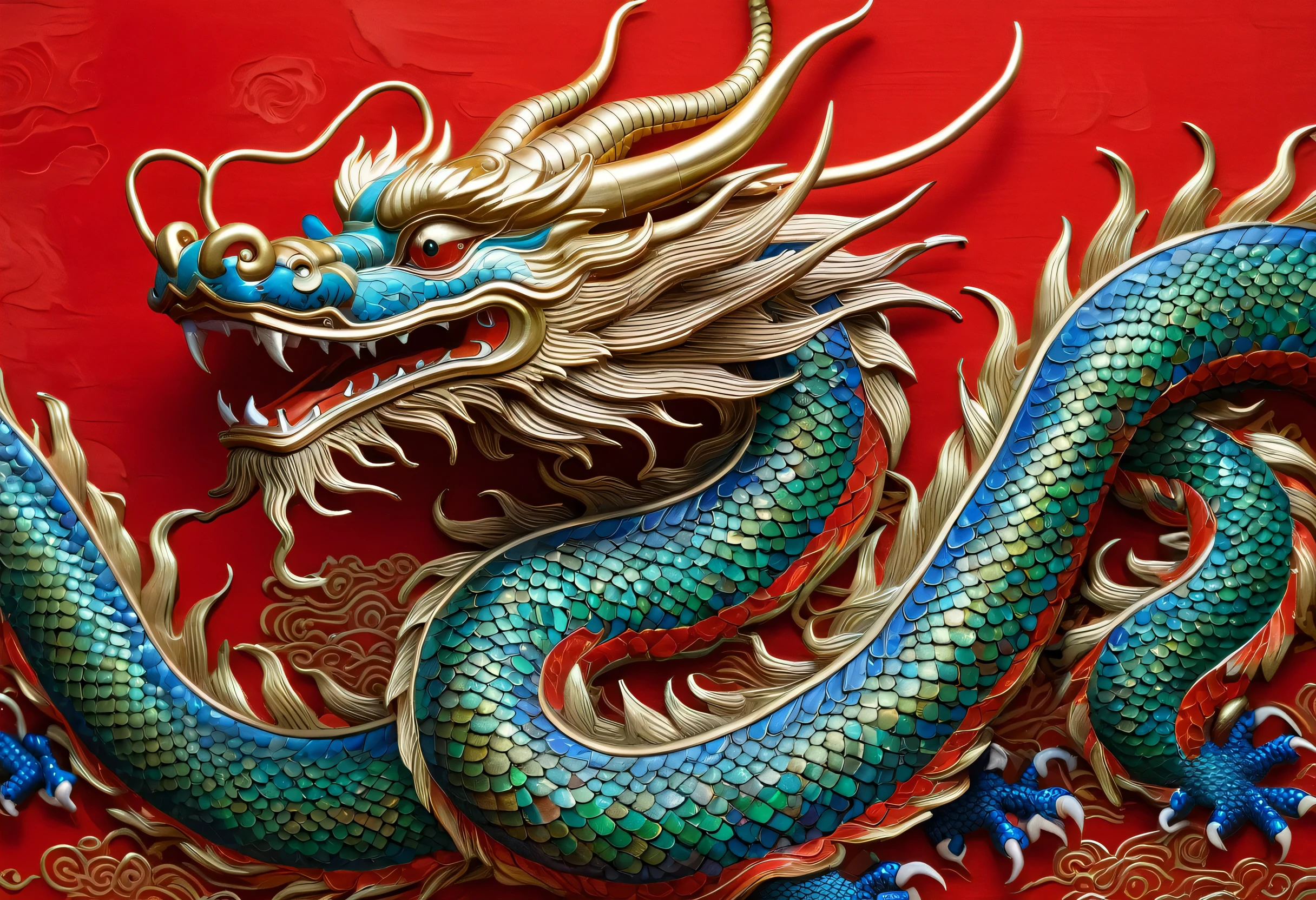 Close-up of a painting of a dragon on a red background, Ultra-fine paintings by Wen Bohlen, Trending on Pixabay, Cloisonne, Chinese Dragons fighting, Chinese Silk 3D Dragon, Chinese Dragon, Dragon Oil Painting, Chinese Dragon engrave, Dragon Art, smooth Chinese Dragon, Ancient Chinese ornate, Majestic Japanese Dragon