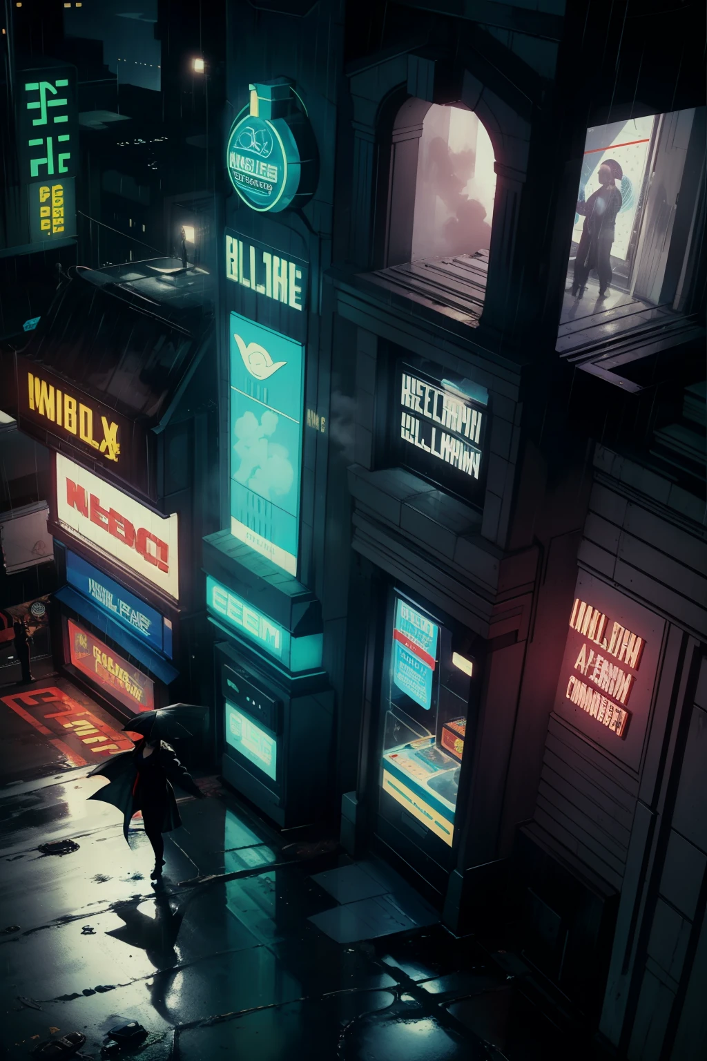 ((highest quality)), ((masterpiece)), (be familiar with), (High definition), (Accurate), (Realistic), (Cinematic), (Best Shadow), (Low contrast), (8K), Perfect Face, ((SYD MEAD style)), manga、mangaデザイン、Storyboard、Frame division、(Crouching), ((A woman crouching and hiding in the shadows))、(Replicant), (Replicant), ((Black Hair, very short hair, Blue Eyes)), (Police black hooded raincoat), (Glittering neon signs)、congestion, congestion, Decadent Future City, NEO TOKYO, A.D.2051, (steam:1.2), It's raining white, evening,