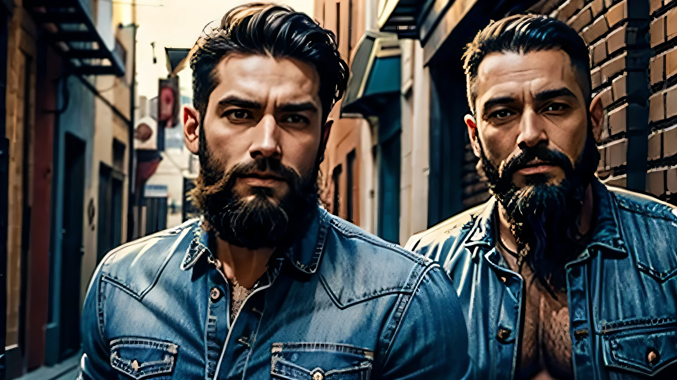 2 MEN 40 YEARS OLD WITH BEARD AND SHIRTLESS WEARING JEANS IN A DARK ALLEY