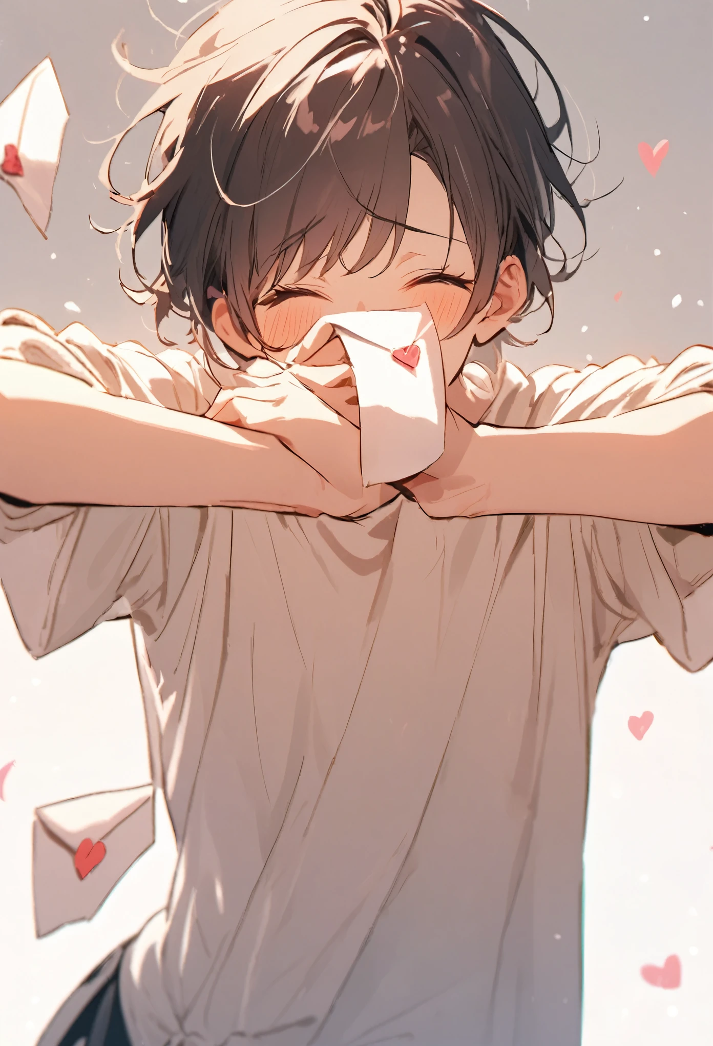 Shy male character stretching arms forward delivering love letter 