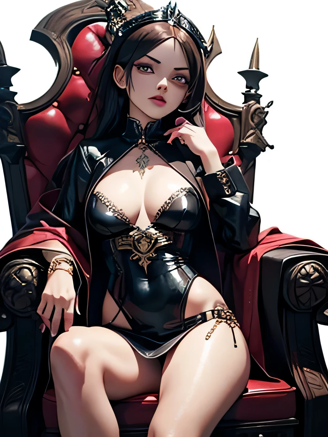 create a diabolic and sexy girl sitting on her throne. Her clothes has to be in leather. The throne has to have skulls. The background has to be clear.
