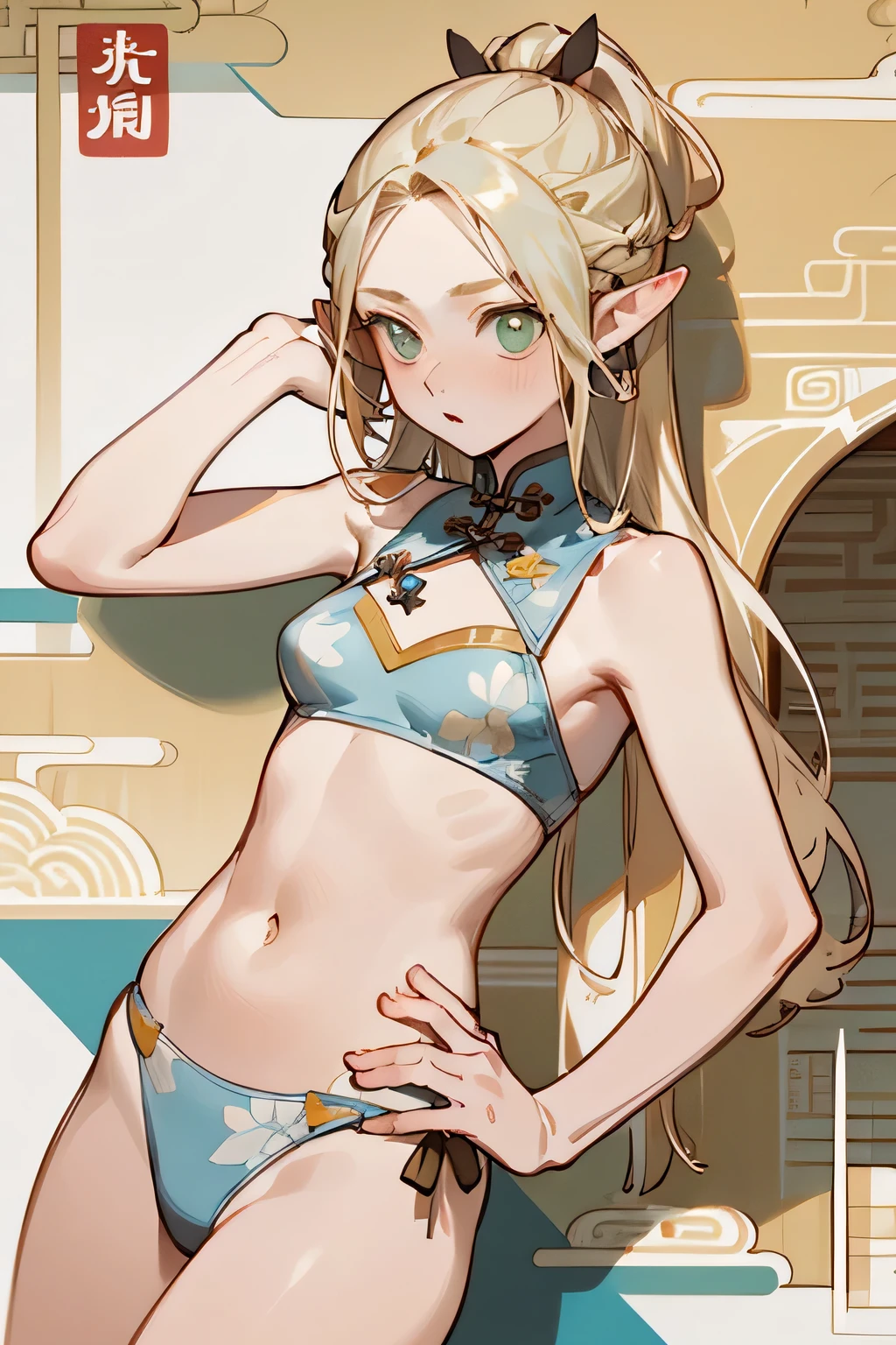 (masterpiece, highest quality) detailed,Silver Accessories , blonde ,elegant, Pointy Ears ,Chinese element pattern,,Separate type swimwear,Navel exposed,