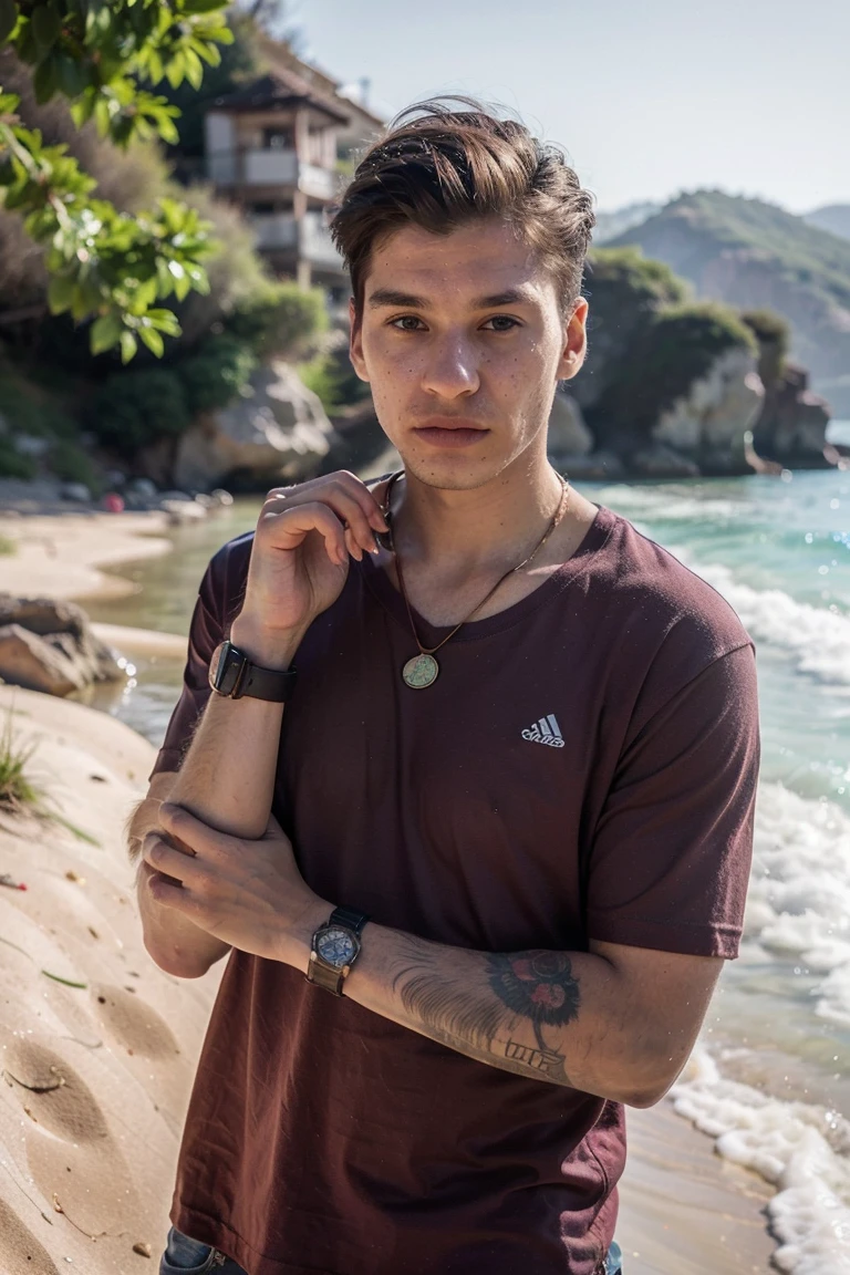 (masterpiece,best quality,photorealistic, DSLR,F/1.2) (guy 22 years old on the beach ) (full-length body) (perfect angle)(perfect face) (mountains in the background ) (man has brown hair, oval face stretched upwards, hairstyle - undercut, hair length - 8 cm) (color Porta 160, iPhone 15 pro photo) (unprocessed photo) (man is wearing maroon T-shirt, ,bronze chain around his neck, expensive watch on his arm.) (natural light)