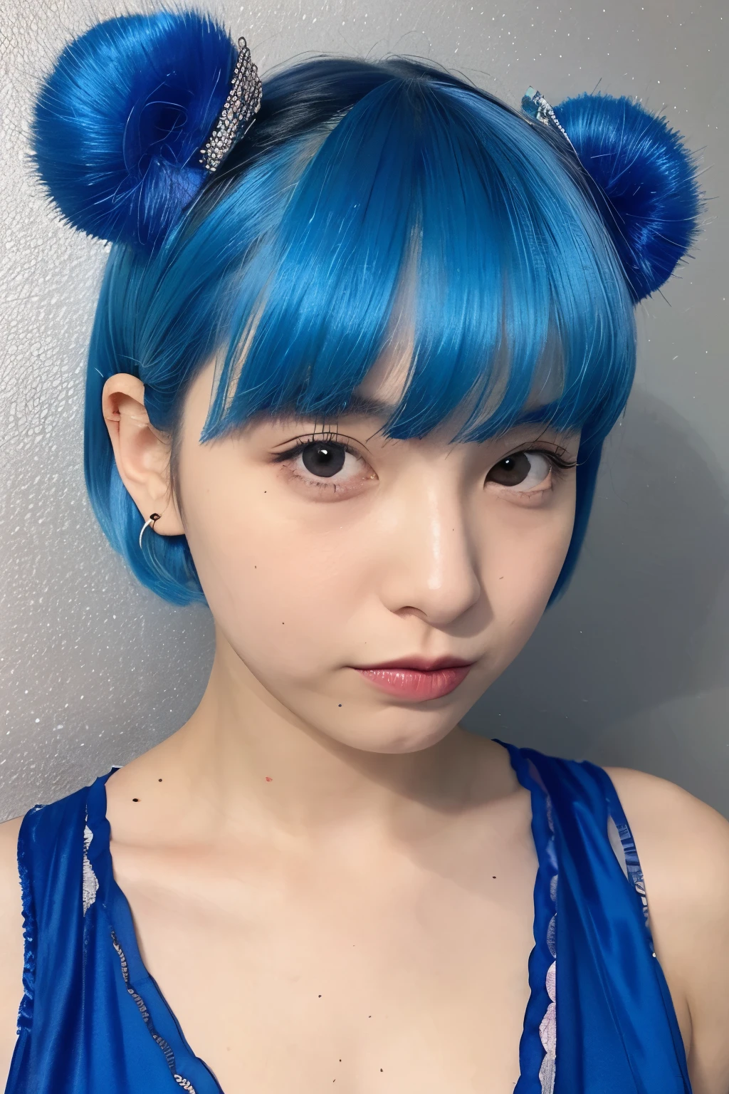 Blue hair, two-block, short hair, 20-year-old girl, party girl style, disappointment