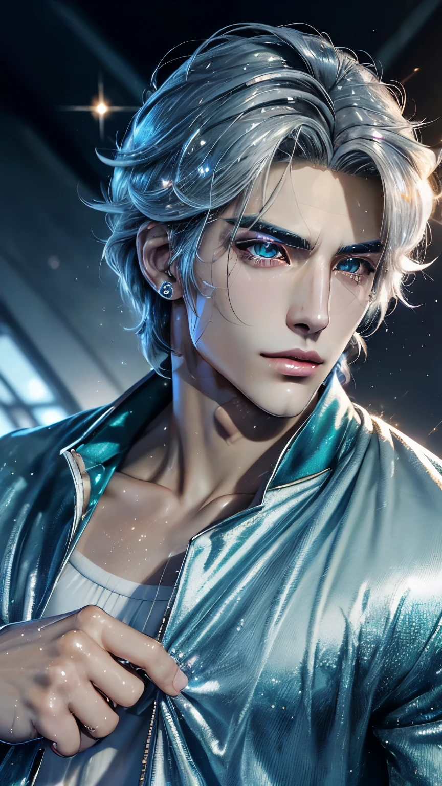 ( A high resolution, ultra - detailed, HighDynamicRange), tmasterpiece, Manhwa style, manhwa masculin style, Best quality at best, gaming character , Short hair details, (Handsome men),Anime eyes, Mobile legendary heroes, detailed scene, Detailed characters,(Pointed Opal'of clotheagia,((cleanness,hair sparkling like diamonds))