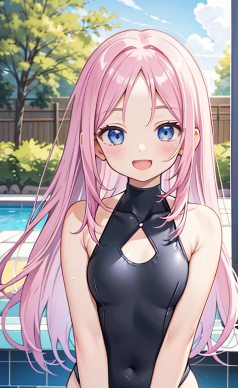 (masterpiece:1.4、top-quality、illustration:1.4,realistic、)、(character focus、breast focus,upper body:1.3)、(1girl),(Open mouth happy smile:1.3),(half closed eyes),cute face,blue eyes、()、
,(stand:1.4),(Shining smile),
,(slender),(black high neck halter swimsuit:1.3),(pink long hair:1.6,forehead:1.3), (small breasts:1.3)、
、slender、pool,、
