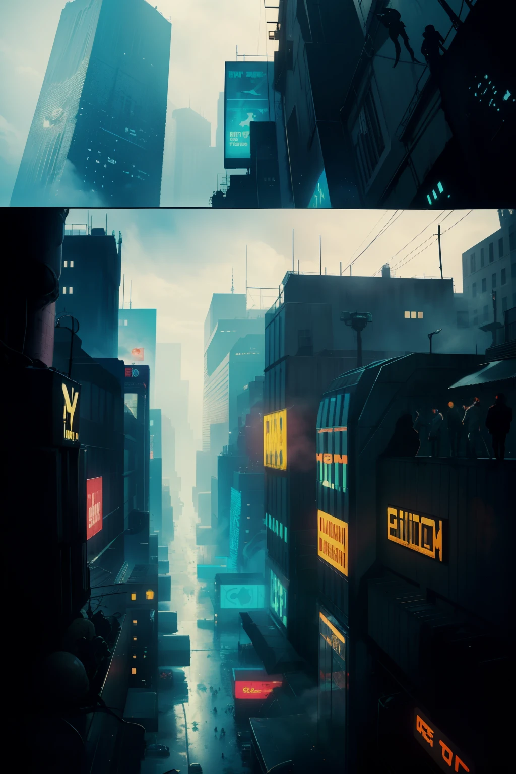 ((highest quality)), ((masterpiece)), (be familiar with), (High definition), (Accurate), (Realistic), (Cinematic), (Best Shadow), (Low contrast), (8K), Perfect Face, ((SYD MEAD style)), manga、mangaデザイン、Storyboard、Frame division、(Crouching), ((A woman crouching and hiding in the shadows))、(Replicant), (Replicant), ((Black Hair, very short hair, Blue Eyes)), (Police black hooded raincoat), (Glittering neon signs)、congestion, congestion, Decadent Future City, NEO TOKYO, A.D.2051, (steam:1.2), It's raining white, evening,