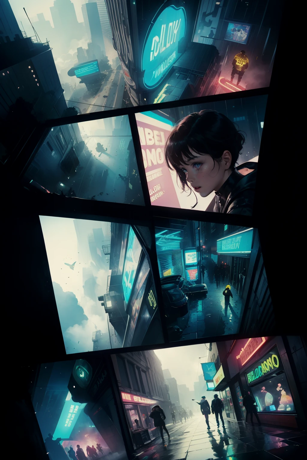 ((highest quality)), ((masterpiece)), (be familiar with), (High definition), (Accurate), (Realistic), (Cinematic), (Best Shadow), (Low contrast), (8K), Perfect Face, ((SYD MEAD style)), manga、mangaデザイン、Storyboard、Frame division、(Crouching), ((A woman crouching and hiding in the shadows))、(Replicant), (Replicant), ((Black Hair, very short hair, Blue Eyes)), (Police black hooded raincoat), (Glittering neon signs)、congestion, congestion, Decadent Future City, NEO TOKYO, A.D.2051, (steam:1.2), It's raining white, evening,