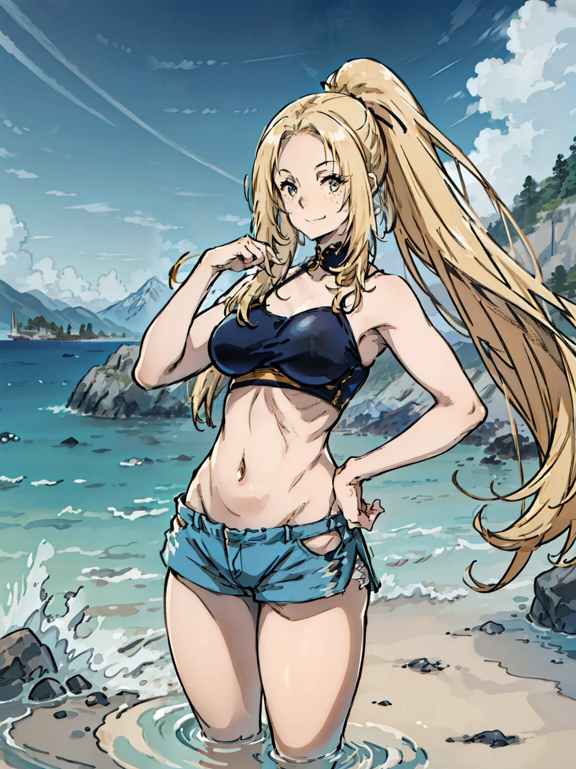 best quality, master piece), “Alpha, Adult woman, body big , upper body, Paw Pose, smile, Laughing, Happy, ocean, crop top, shorts, blond ponytail hair, freckles, blushing, looking at viewer, wavy hair, long hair, cloud, splashes, waves, sun, mountain, moist, medium chest, thick legs, thick thighs