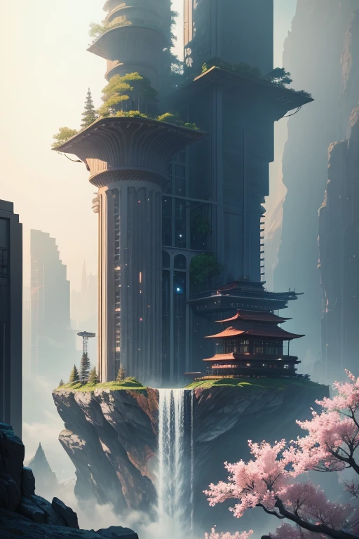 a building with a waterfall in the middle of it, cyberpunk art, fantasy art, cherry blossom forest, gigantic pillars and flowers, beautiful iphone wallpaper, high res 8k