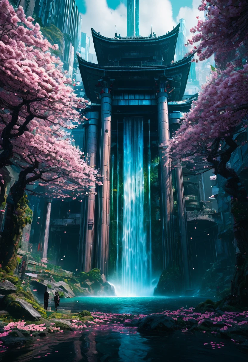 a building with a waterfall in the middle of it, cyberpunk art, fantasy art, cherry blossom forest, gigantic pillars and flowers, beautiful iphone wallpaper, high res 8k