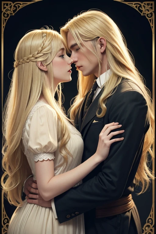 Blonde man with waist-length hair and blonde woman with long hair who are a 1910s couple kissing
