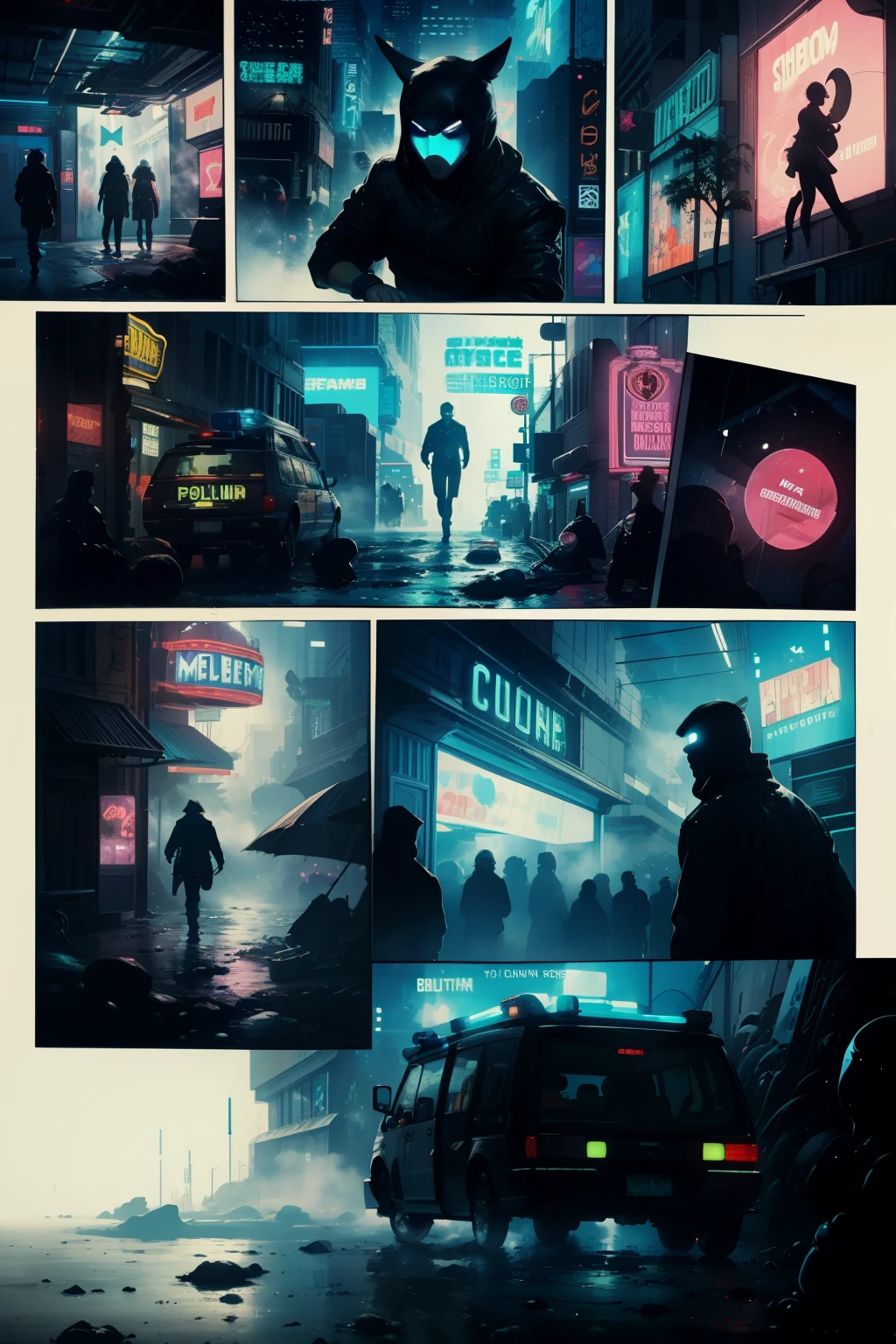 ((highest quality)), ((masterpiece)), (be familiar with), (High definition), (Accurate), (Realistic), (Cinematic), (Best Shadow), (Low contrast), (8K), Perfect Face, ((SYD MEAD style)), manga、mangaデザイン、Storyboard、Frame division、(Crouching), ((A woman crouching and hiding in the shadows))、(Replicant), (Replicant), ((Black Hair, very short hair, Blue Eyes)), (Police black hooded raincoat), (Glittering neon signs)、congestion, congestion, Decadent Future City, NEO TOKYO, A.D.2051, (steam:1.2), It's raining white, evening,