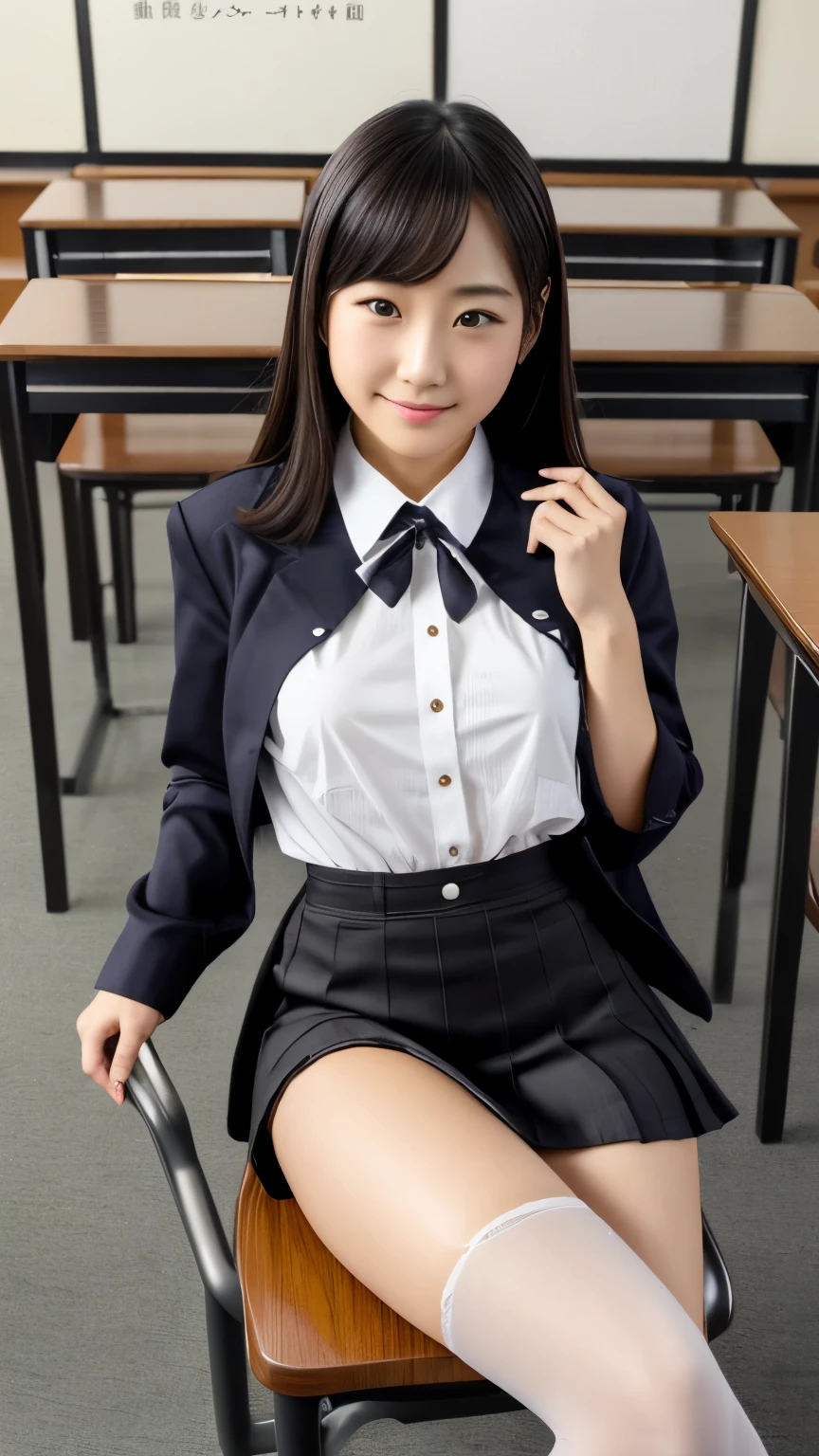 Highest quality、Realistically、Radiant Skin、Japanese、woman、The first half of the twenties、Gravure idol、classroom、machine、Chair、sit、Uniform Cosplay、Uniform skirt、Sheer, waist-high black pantyhose、loafers、Good body、Spread your legs、underwear、