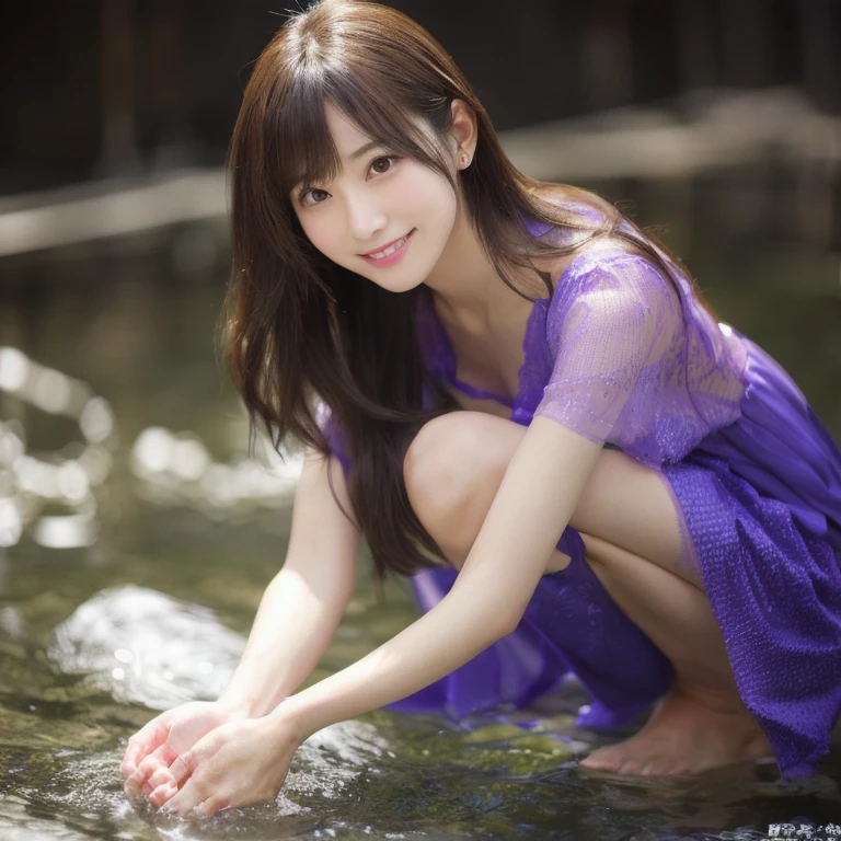 Put your hands in the water、A kneeling woman in her fifties, realistic 若いグラビアIdol, Wearing a mini dress20Japan Female、barefoot、若くて可愛いグラビアIdol, cute beautiful, Beautiful Japanese girl face, Beautiful Asian Girl, Japanese Model,Idol、 Gentle smile, 若手官能グラビアIdol, 若いグラビアIdol, Beautiful cute, Young and pretty girl, Very beautiful photos、looking at the camera、Darken the background