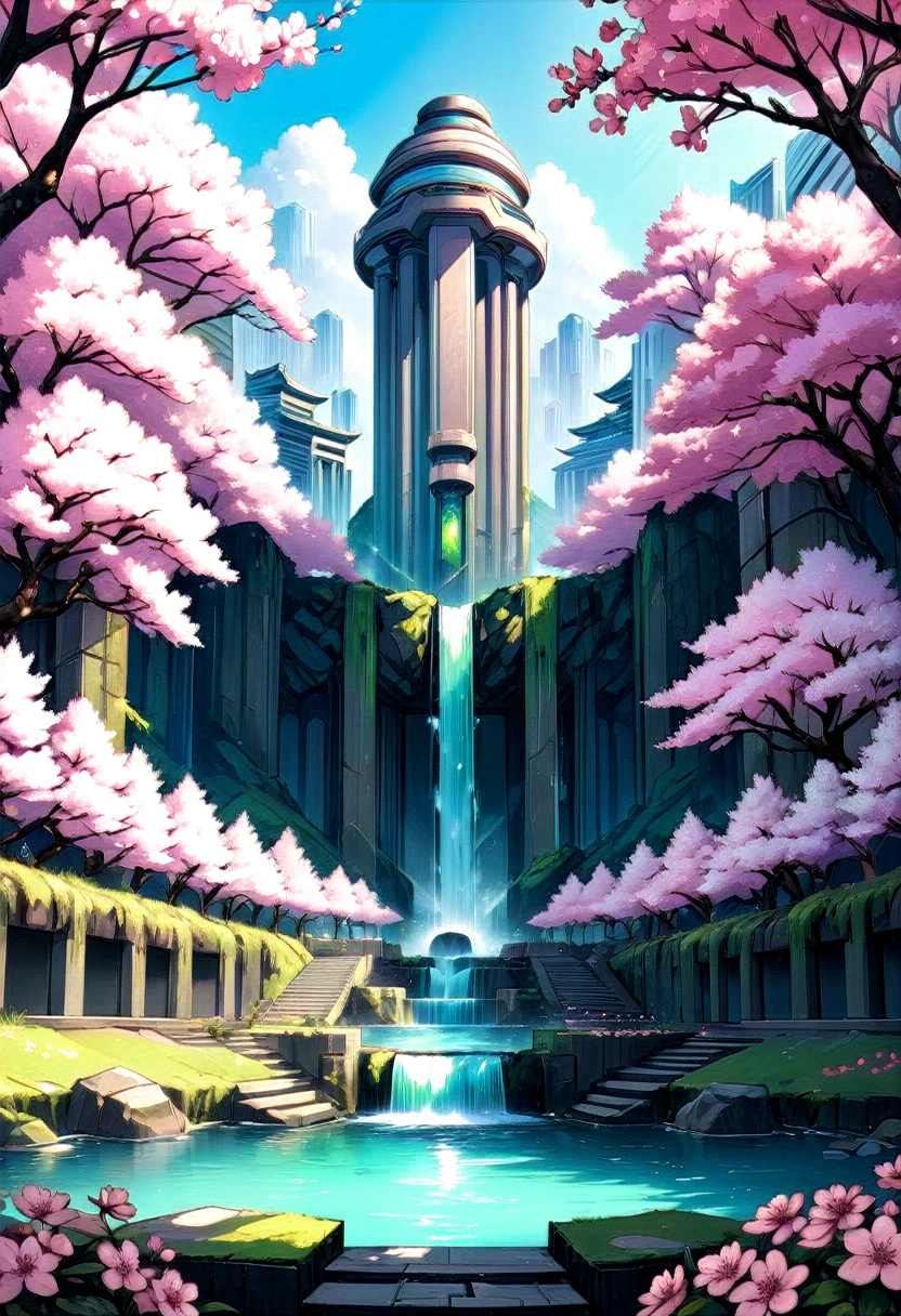 a building with a waterfall in the middle of it, cyberpunk art, fantasy art, cherry blossom forest, gigantic pillars and flowers, beautiful iphone wallpaper, high res 8k