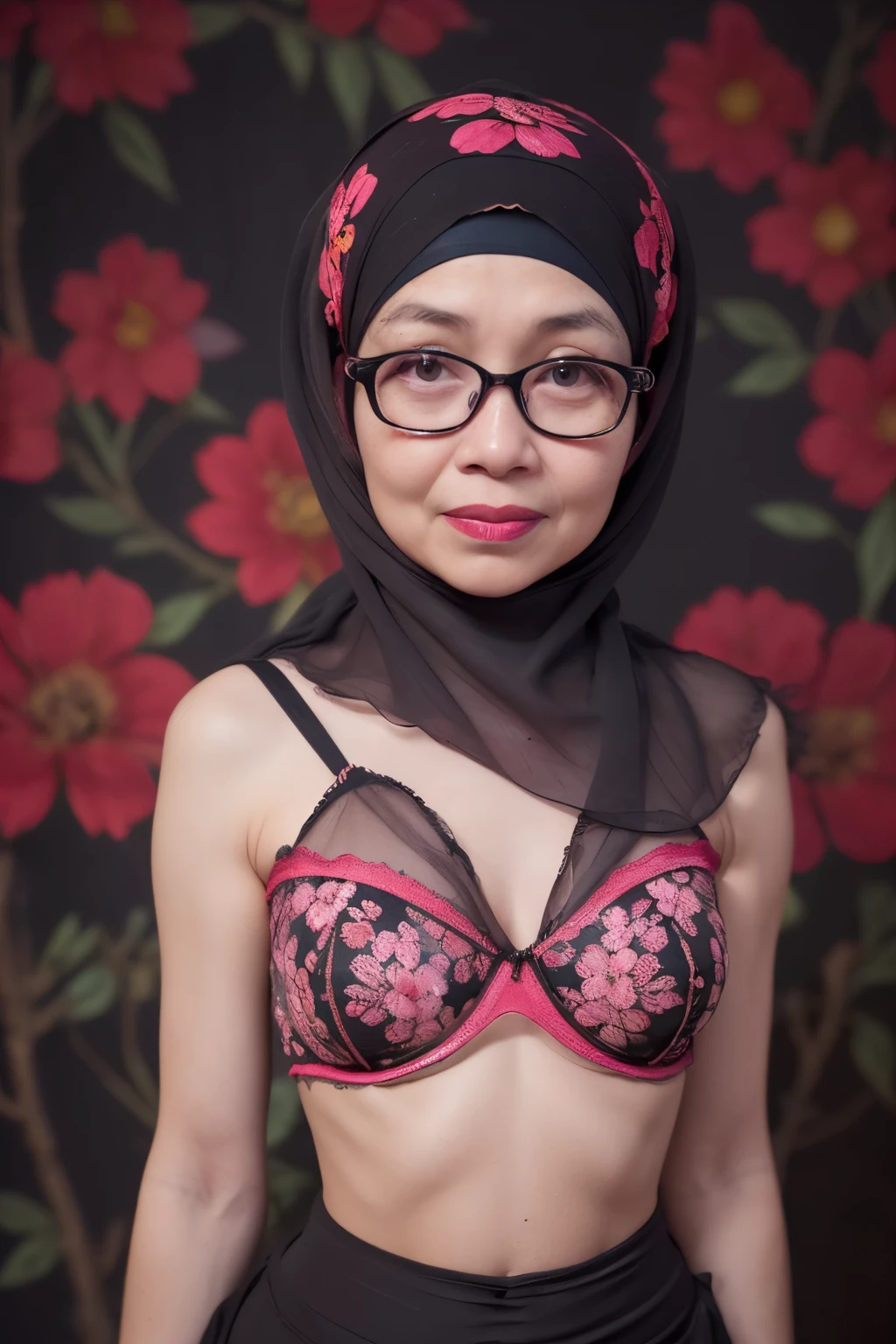 Spectacles, ((Old body lady:1.2)), ((Old lady:1.5)), ((FLAT CHEST:1.6)), (Happy smile), (((HIJAB MALAY GIRL))), masutepiece, High quality, UHD 32K, Realistic face, Realistic skin feeling , A Japanese Lady, 58 years old matured lady, , Very cute and baby-like face, (((FLAT CHEST))), (Night time at forest), ((look In front  at the camera and SADNESS)), (((CUTE GIRL))), ((RED FLUORESCENT LIPS)), ((Floral Pattern)) little ((wearing strapless bra)), strapless colorful bra, dark night background , black forest night, horror scary place, (from behind up) seductive pose