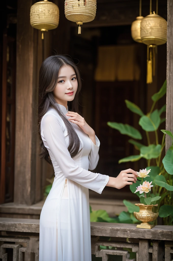 A girl in Vietnam wearing an Ao Dai,illustrated with intricate details,high-res,having a serene atmosphere,saturating the scene with vibrant colors,embracing traditional Vietnamese culture and spiritual practices,with delicate folds and embroideries on the Ao Dai gown,adorned with lotus flowers, creating a harmonious blend of elegance and tranquility, the girl's face radiating inner peace and serenity, her eyes sparkling with wisdom, her lips gently curved into a serene smile, beautifully depicting the grace and charm of Vietnamese women, her slender fingers delicately holding a candle, casting a soft glow amidst the peaceful ambience of the temple, the flickering light illuminating the ornate architectural details of the temple, highlighting the stunning traditional artwork showcased on the walls, ceiling, and pillars, the play of light and shadow adding depth and dimension to the scene, capturing the spiritual essence of the moment, showcasing the rich cultural heritage of Vietnam, a masterpiece that embodies the beauty and tranquility of the country.