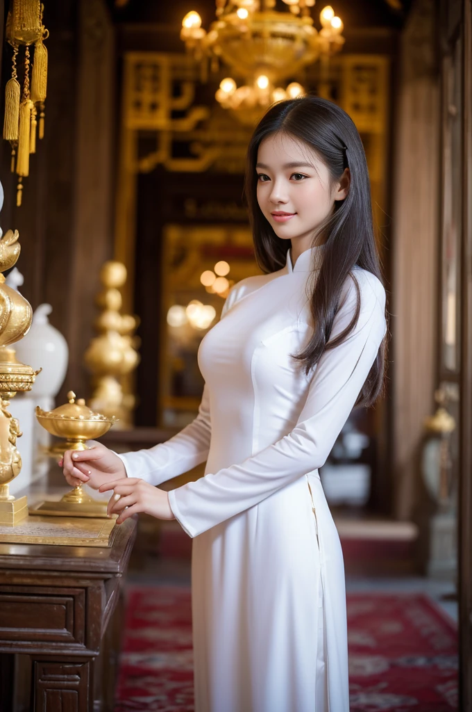 A girl in Vietnam wearing an Ao Dai,illustrated with intricate details,high-res,having a serene atmosphere,saturating the scene with vibrant colors,embracing traditional Vietnamese culture and spiritual practices,with delicate folds and embroideries on the Ao Dai gown,adorned with lotus flowers, creating a harmonious blend of elegance and tranquility, the girl's face radiating inner peace and serenity, her eyes sparkling with wisdom, her lips gently curved into a serene smile, beautifully depicting the grace and charm of Vietnamese women, her slender fingers delicately holding a candle, casting a soft glow amidst the peaceful ambience of the temple, the flickering light illuminating the ornate architectural details of the temple, highlighting the stunning traditional artwork showcased on the walls, ceiling, and pillars, the play of light and shadow adding depth and dimension to the scene, capturing the spiritual essence of the moment, showcasing the rich cultural heritage of Vietnam, a masterpiece that embodies the beauty and tranquility of the country.